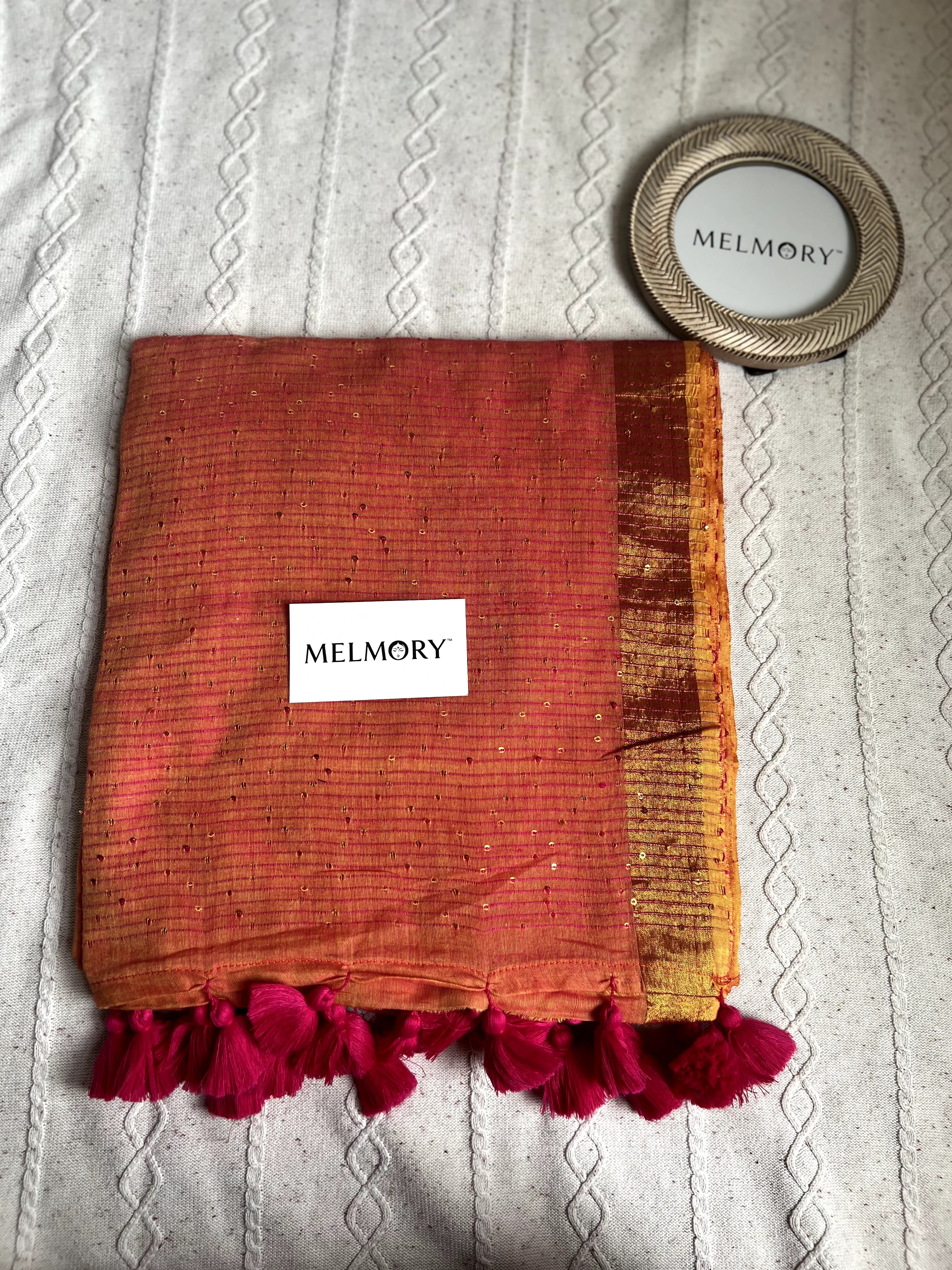 Sequins Mul Saree - Burnt Coral Orange with Gold Zari