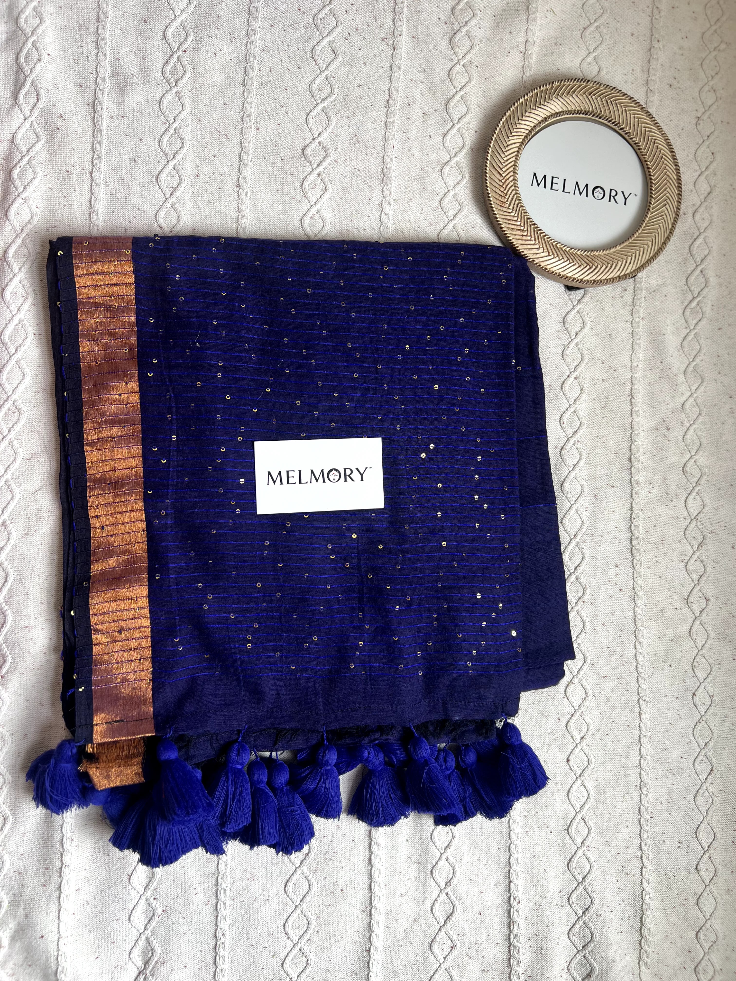 Sequins Mul Saree - Royal Blue with Gold Zari