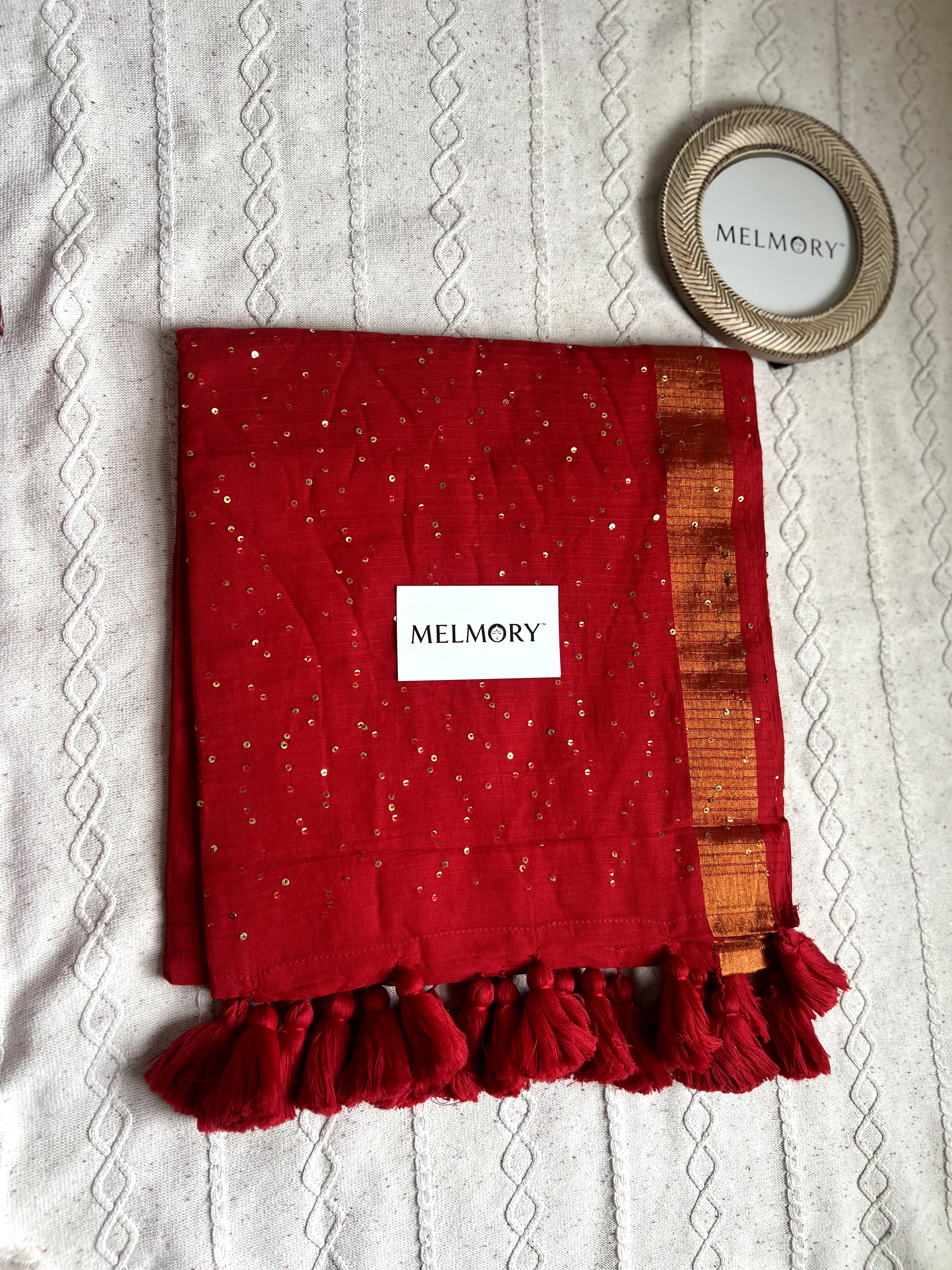 Sequins Mul Saree - Deep Red with Gold Zari