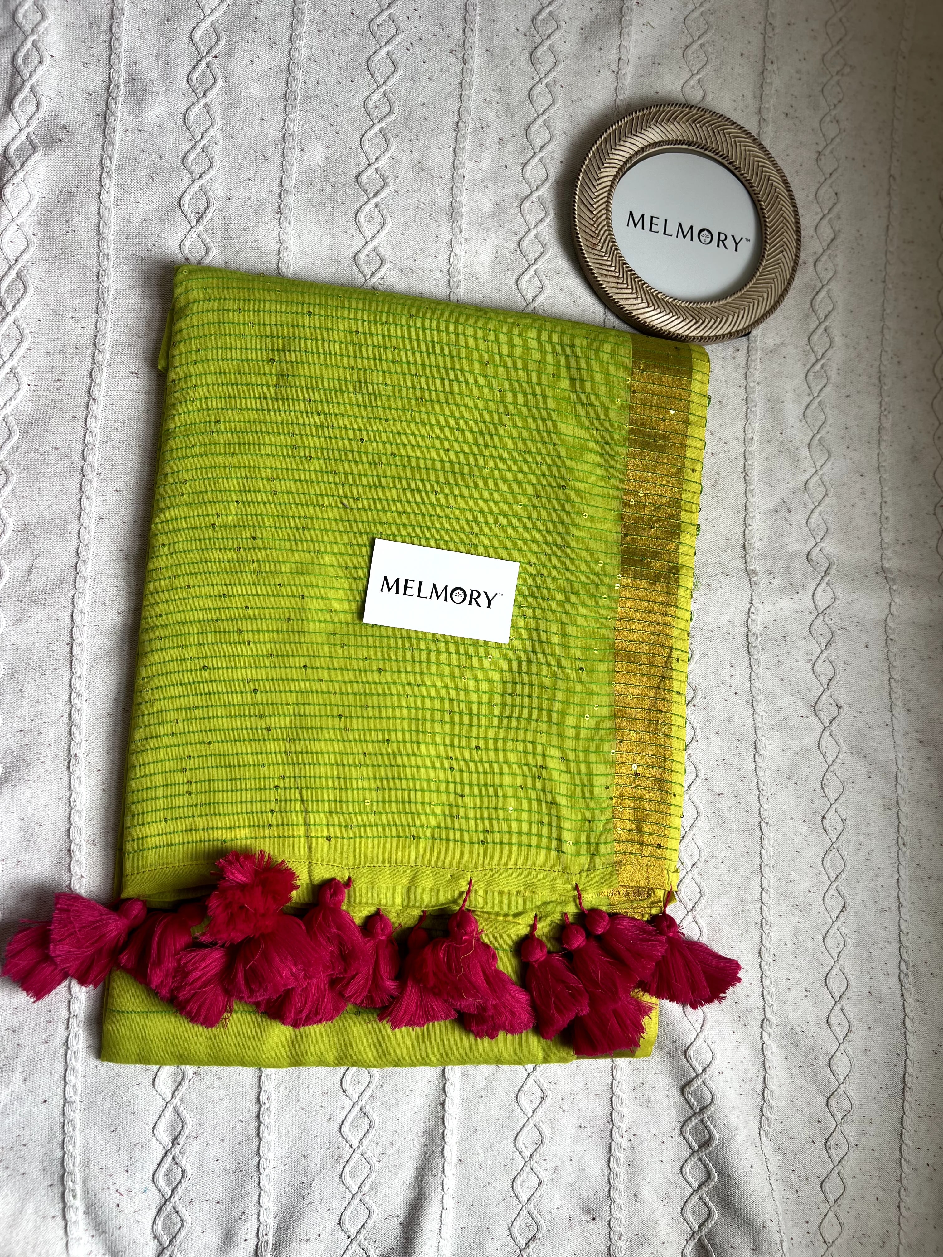 Sequins Mul Saree - Parrot Green with Gold Zari
