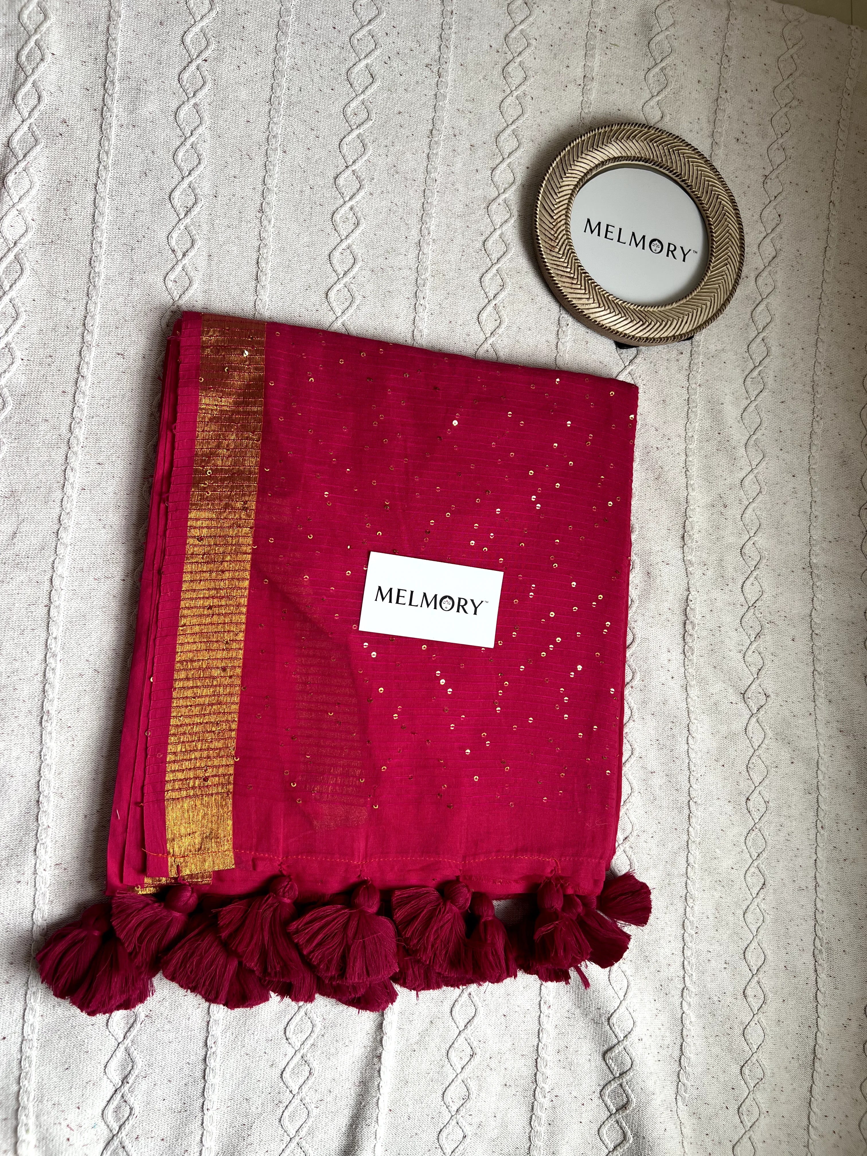 Sequins Mul Saree - Magenta Pink with Gold Zari