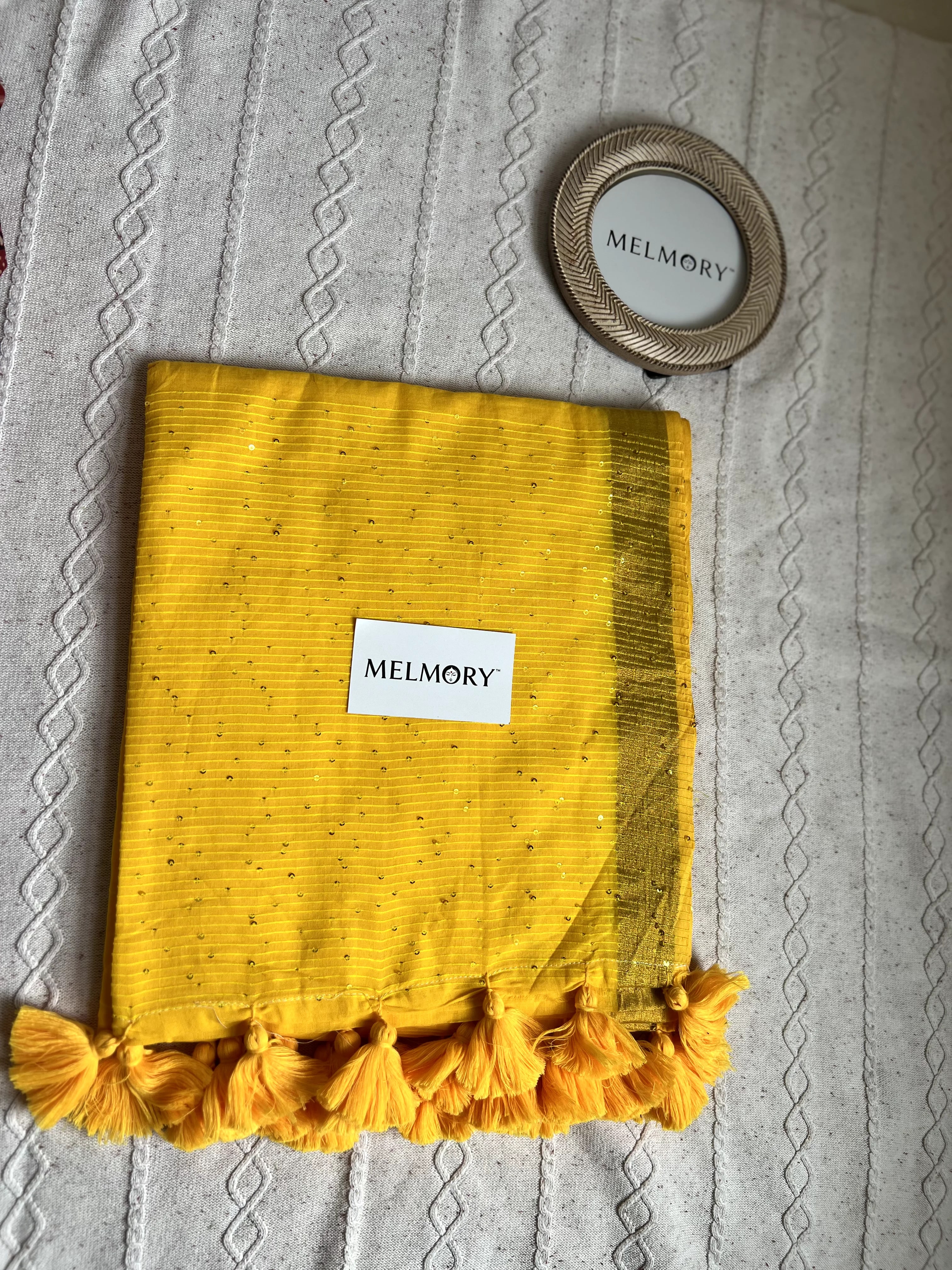 Sequins Mul Saree - Deep Yellow with Gold Zari