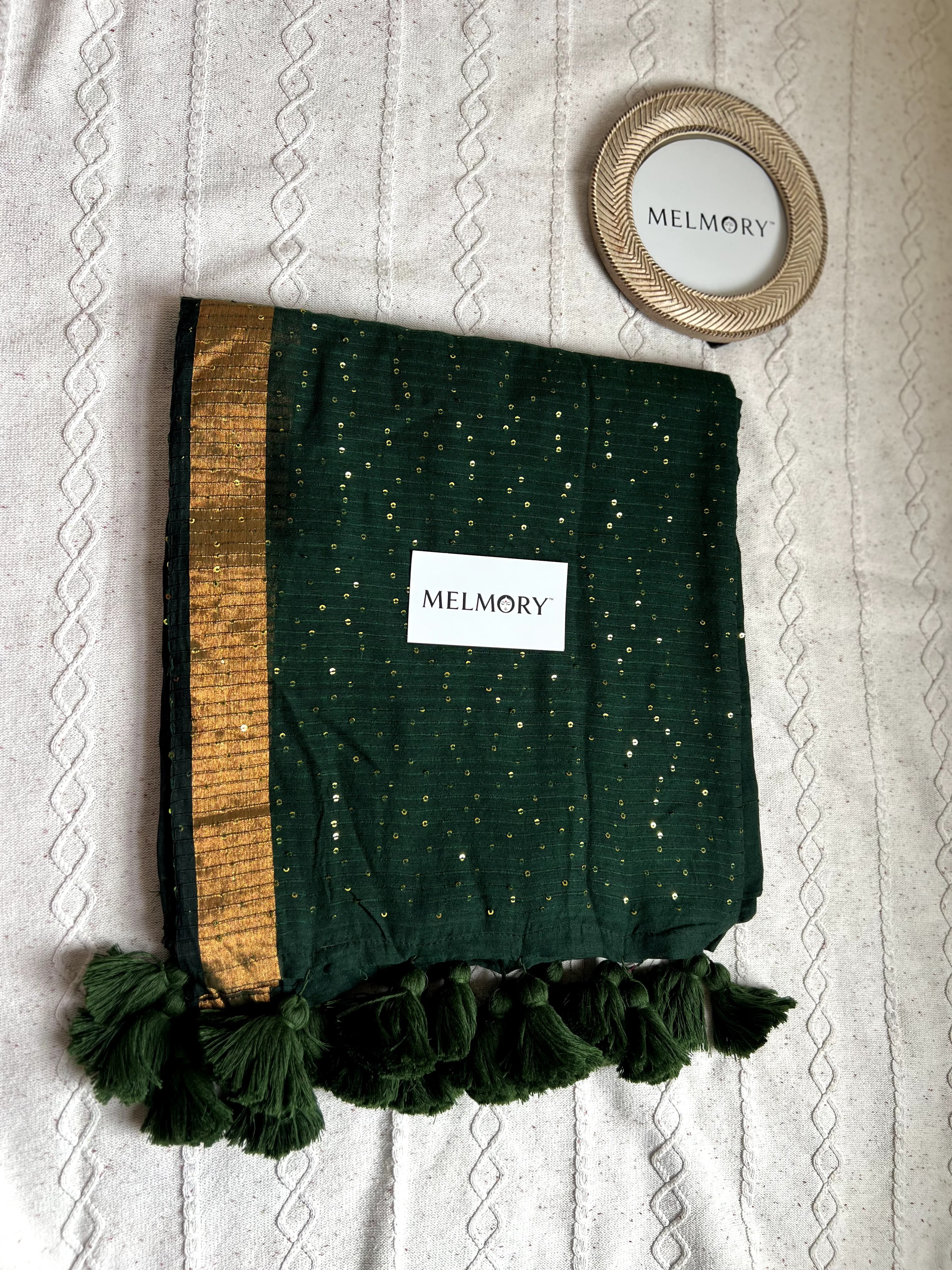 Sequins Mul Saree - Deep Bottle Green with Gold Zari