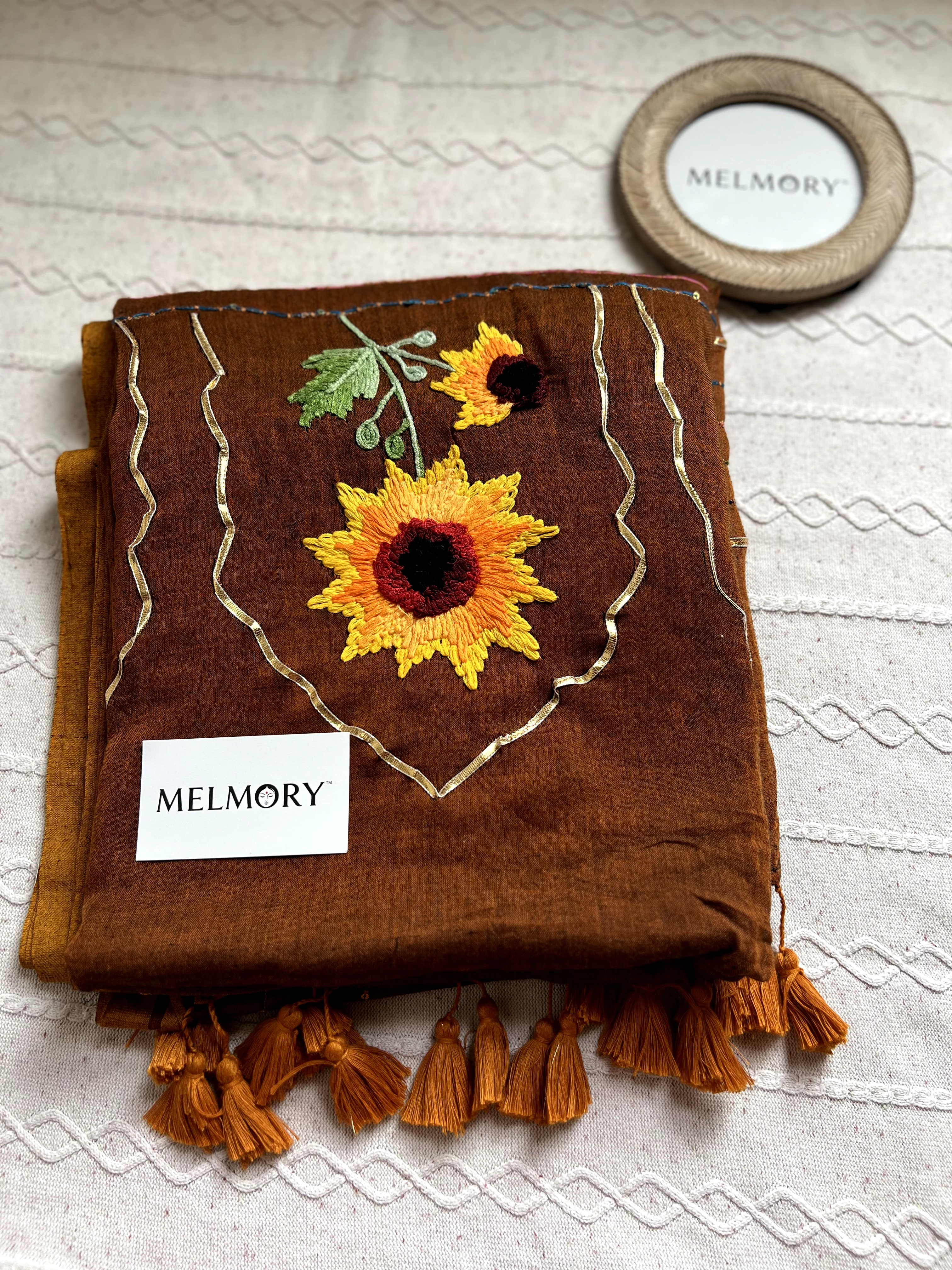 Sunflower Handstitched Embroidery Mul Saree - Rust Brown