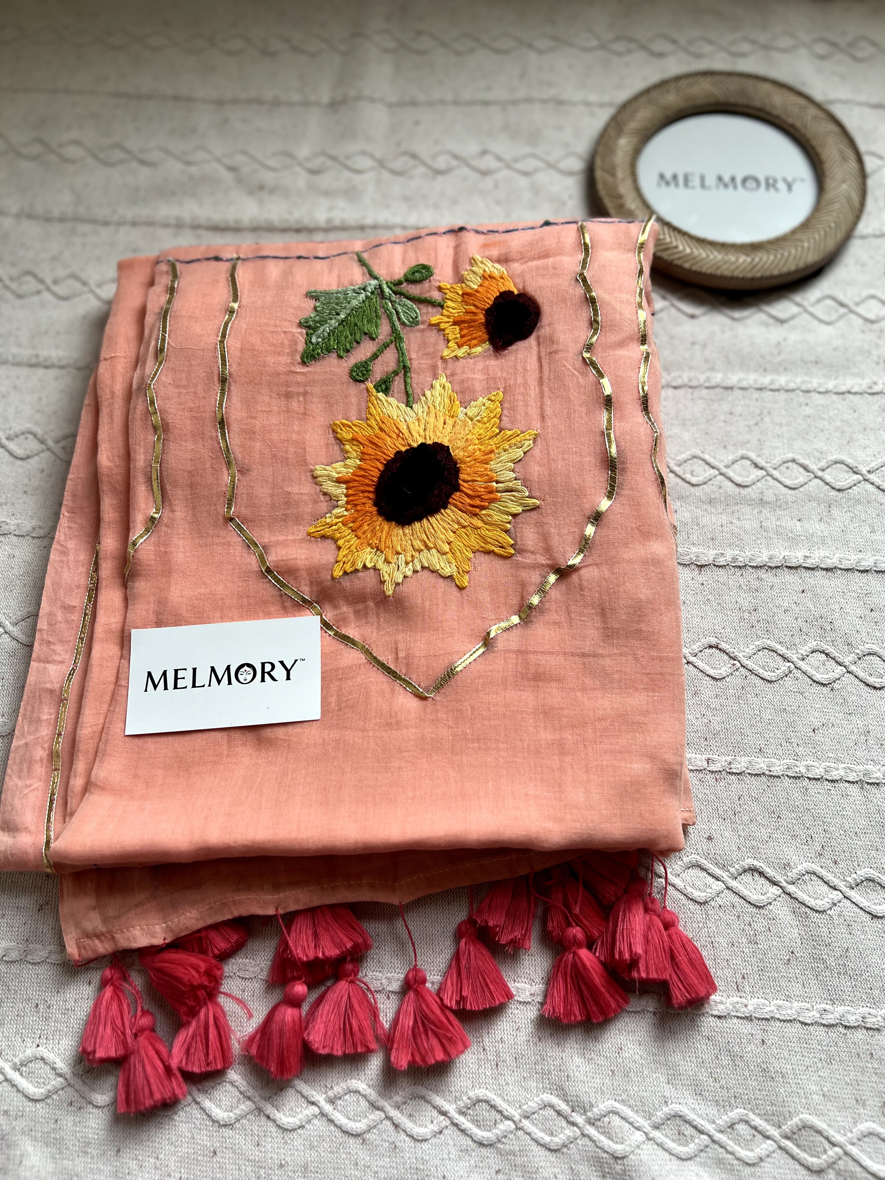 Sunflower Handstitched Embroidery Mul Saree - Soft Peach