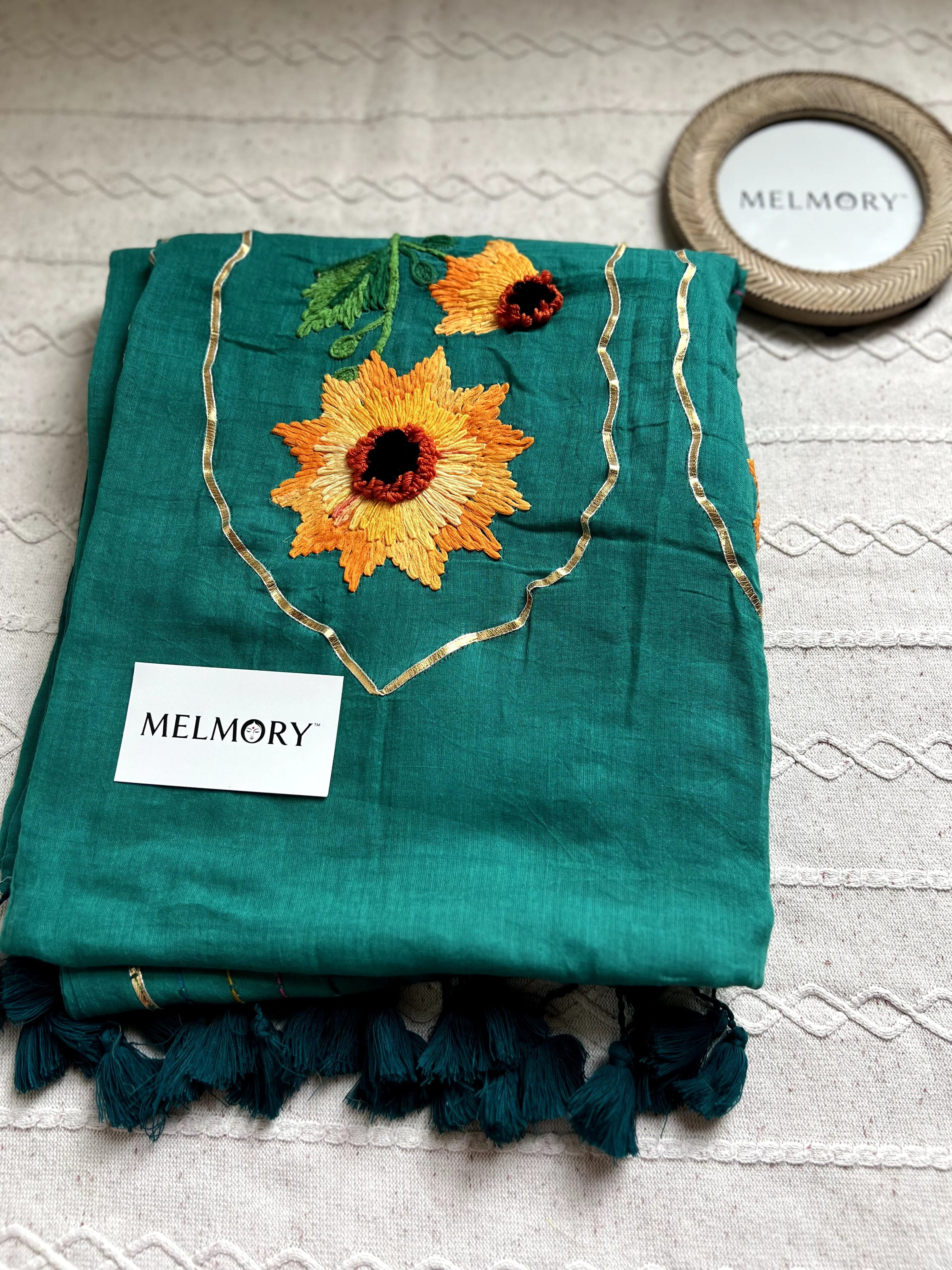 Sunflower Handstitched Embroidery Mul Saree - Teal Green