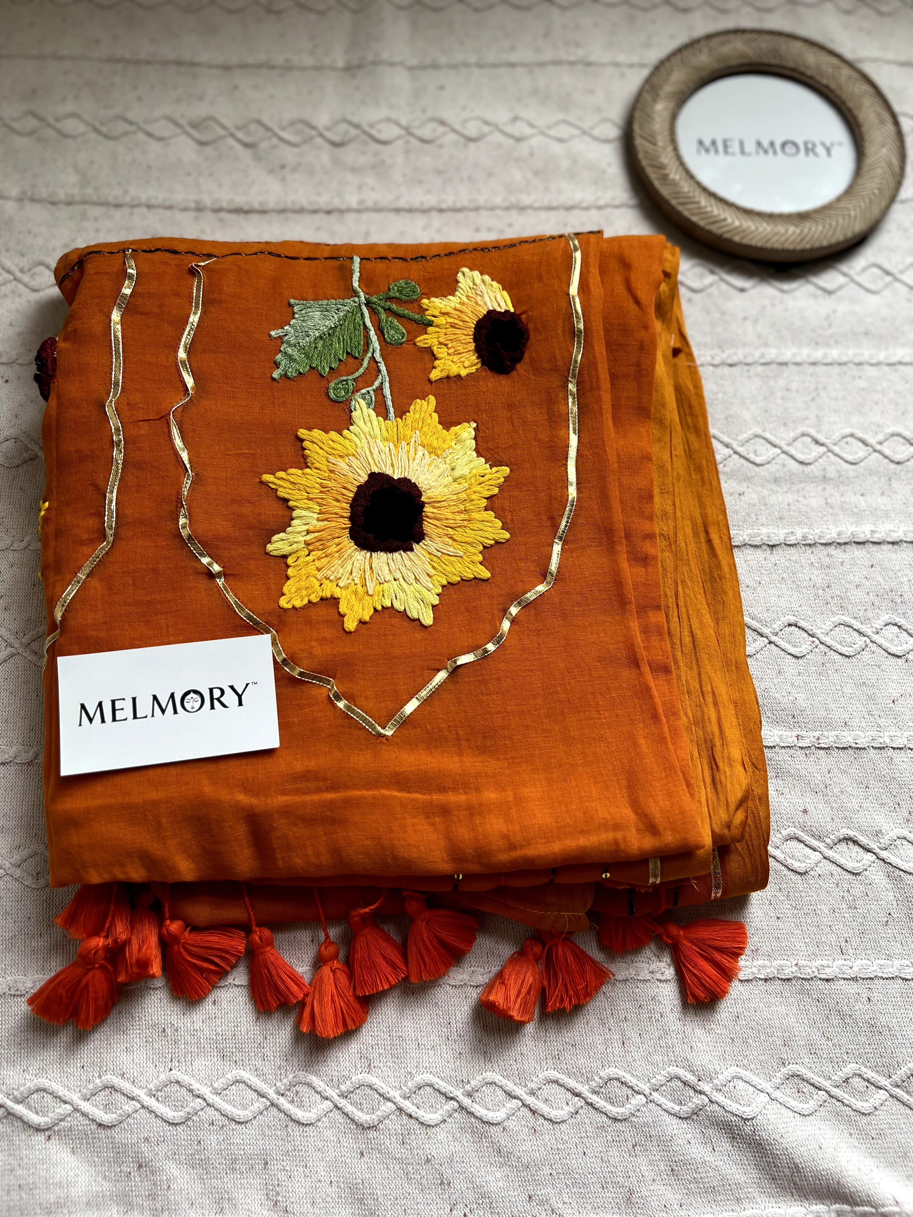 Sunflower Handstitched Embroidery Mul Saree - Pumpkin Orange