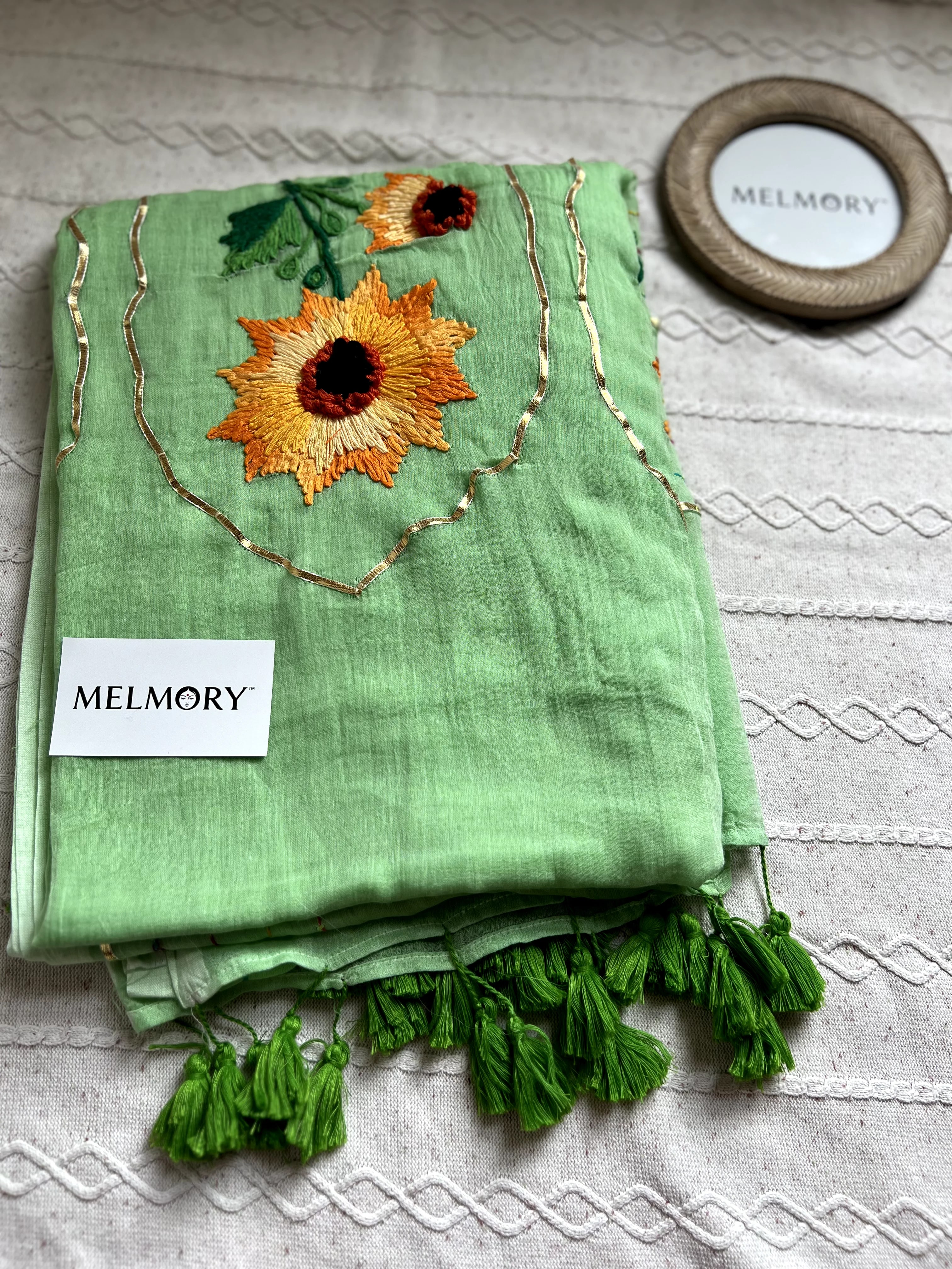 Sunflower Handstitched Embroidery Mul Saree - Light Pistachio Green