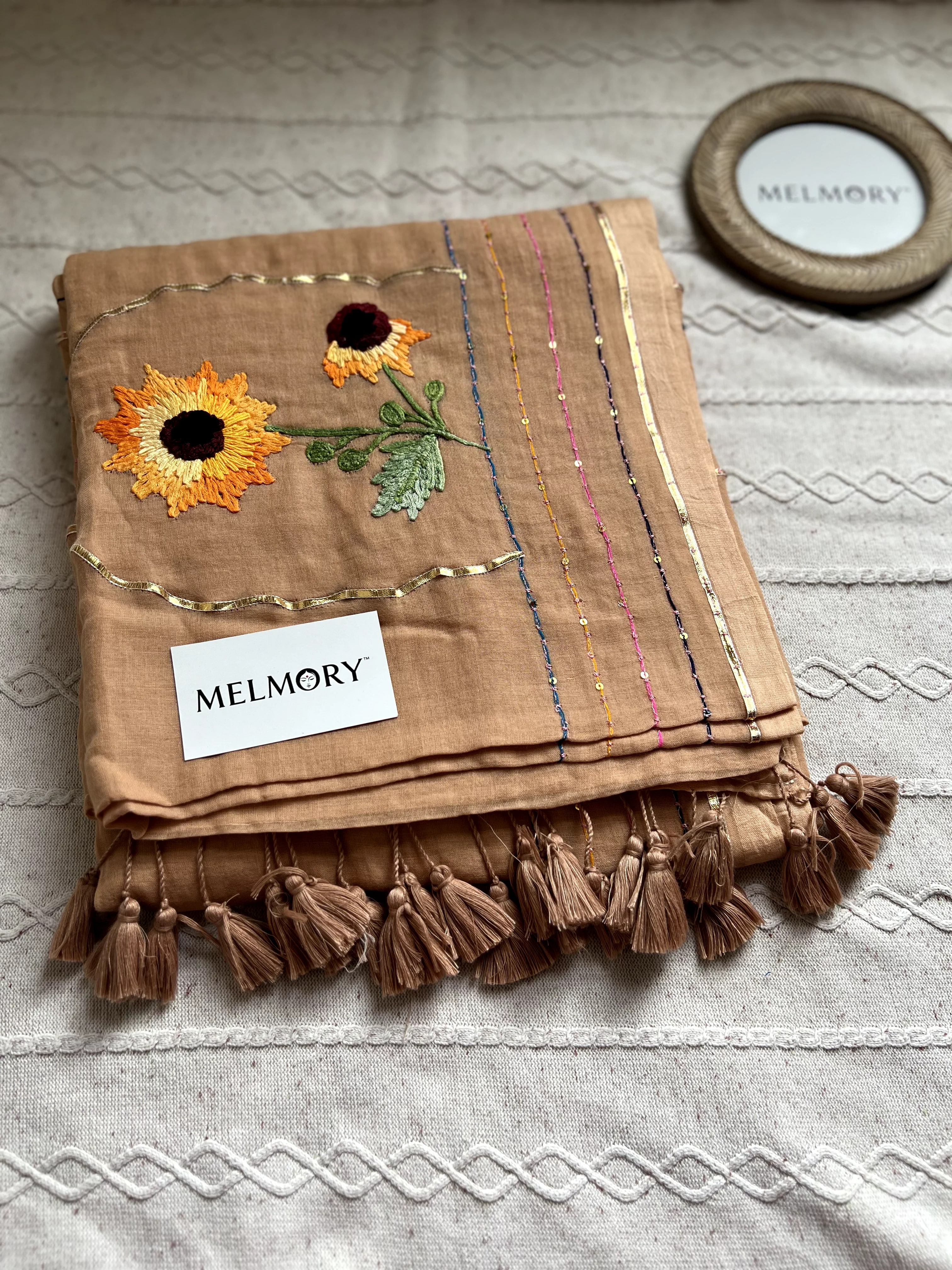 Sunflower Handstitched Embroidery Mul Saree - Beige