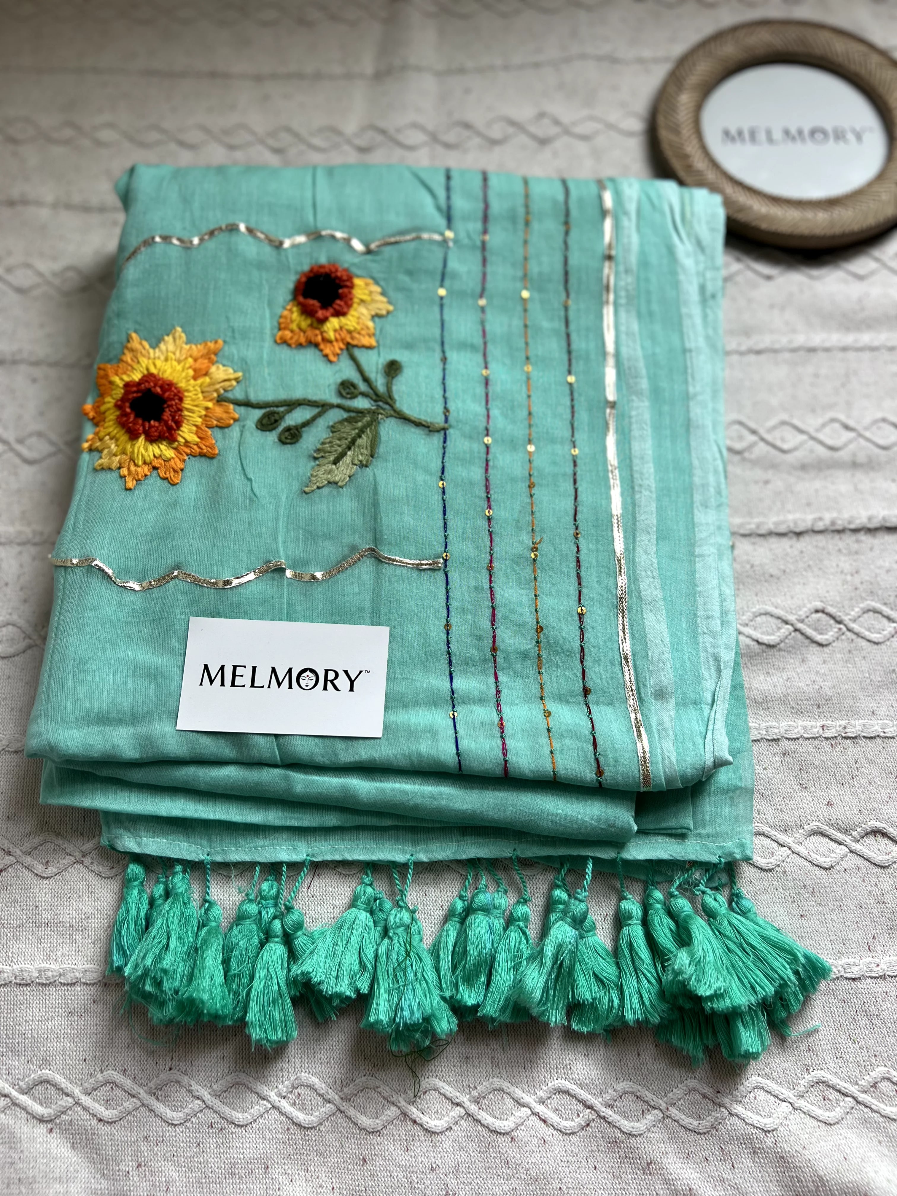 Sunflower Handstitched Embroidery Mul Saree - Light Teal