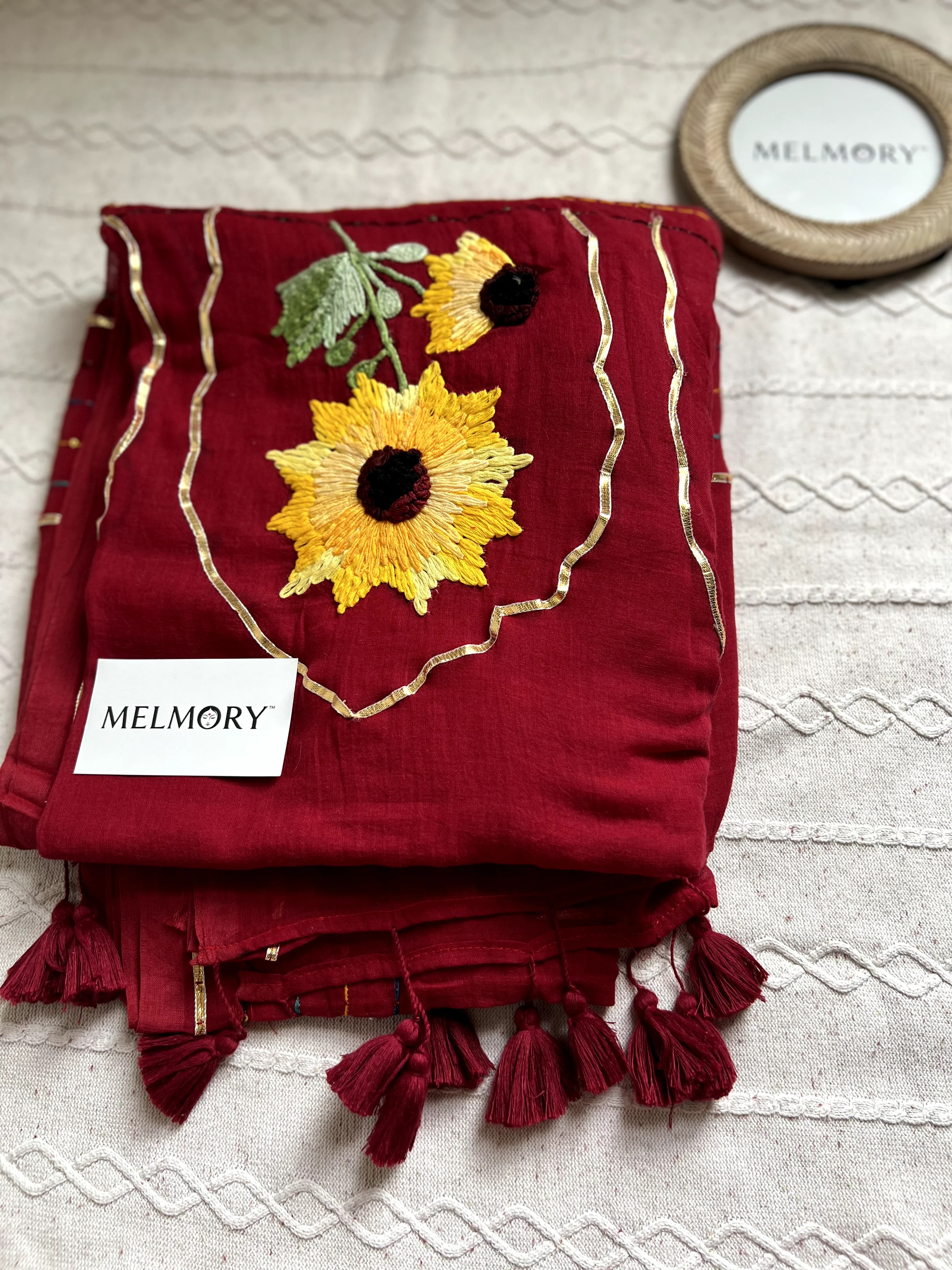 Sunflower Handstitched Embroidery Mul Saree - Rich Maroon