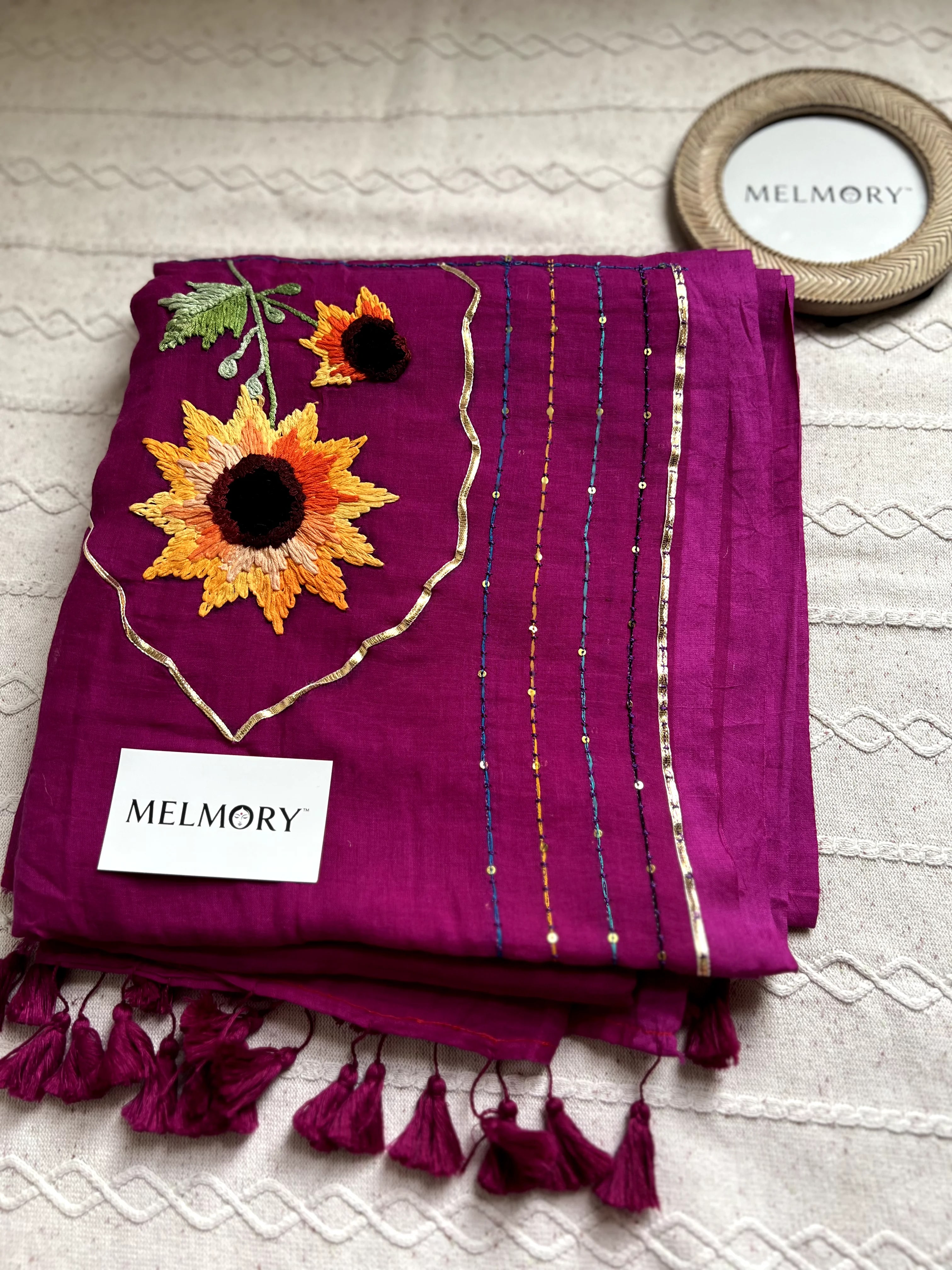 Sunflower Handstitched Embroidery Mul Saree - Deep Magenta