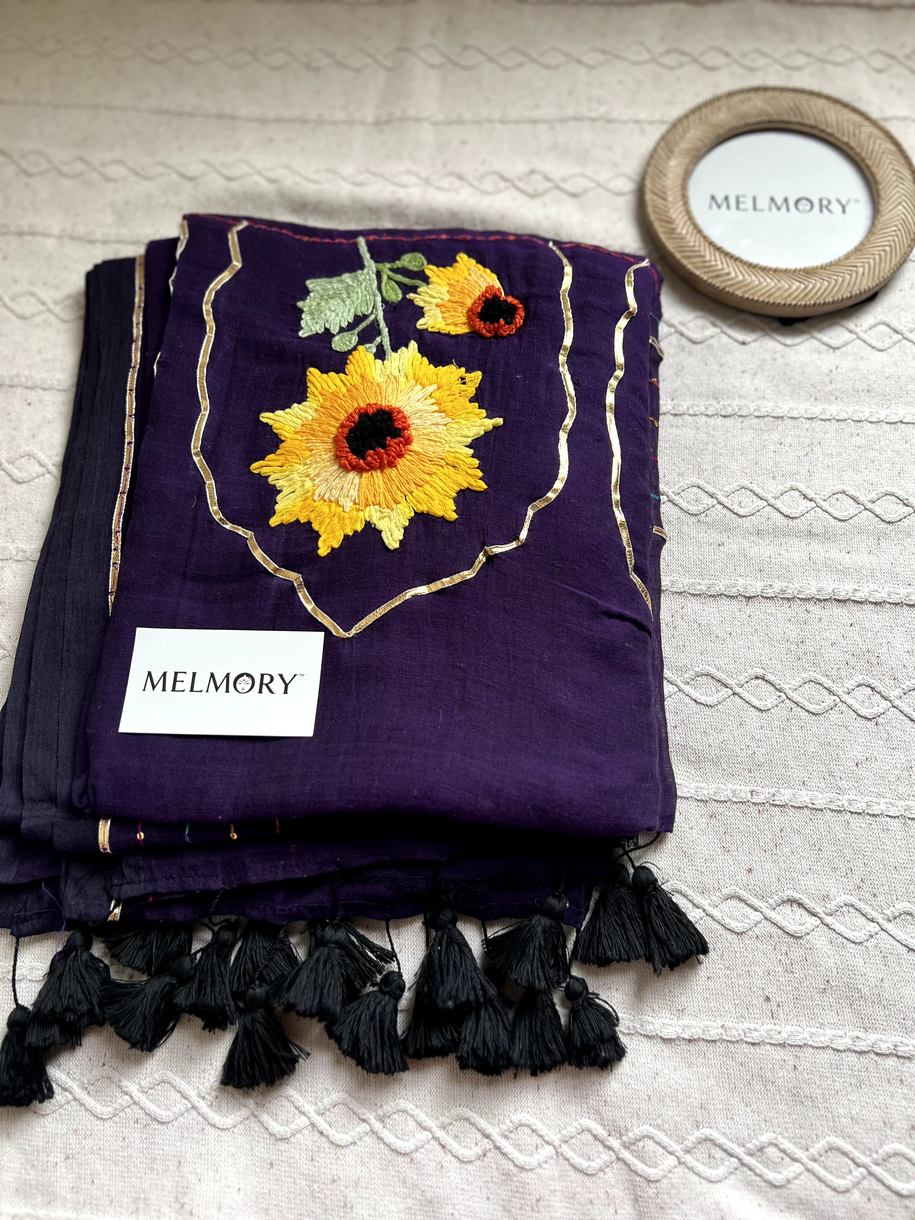 Sunflower Handstitched Embroidery Mul Saree - Purple