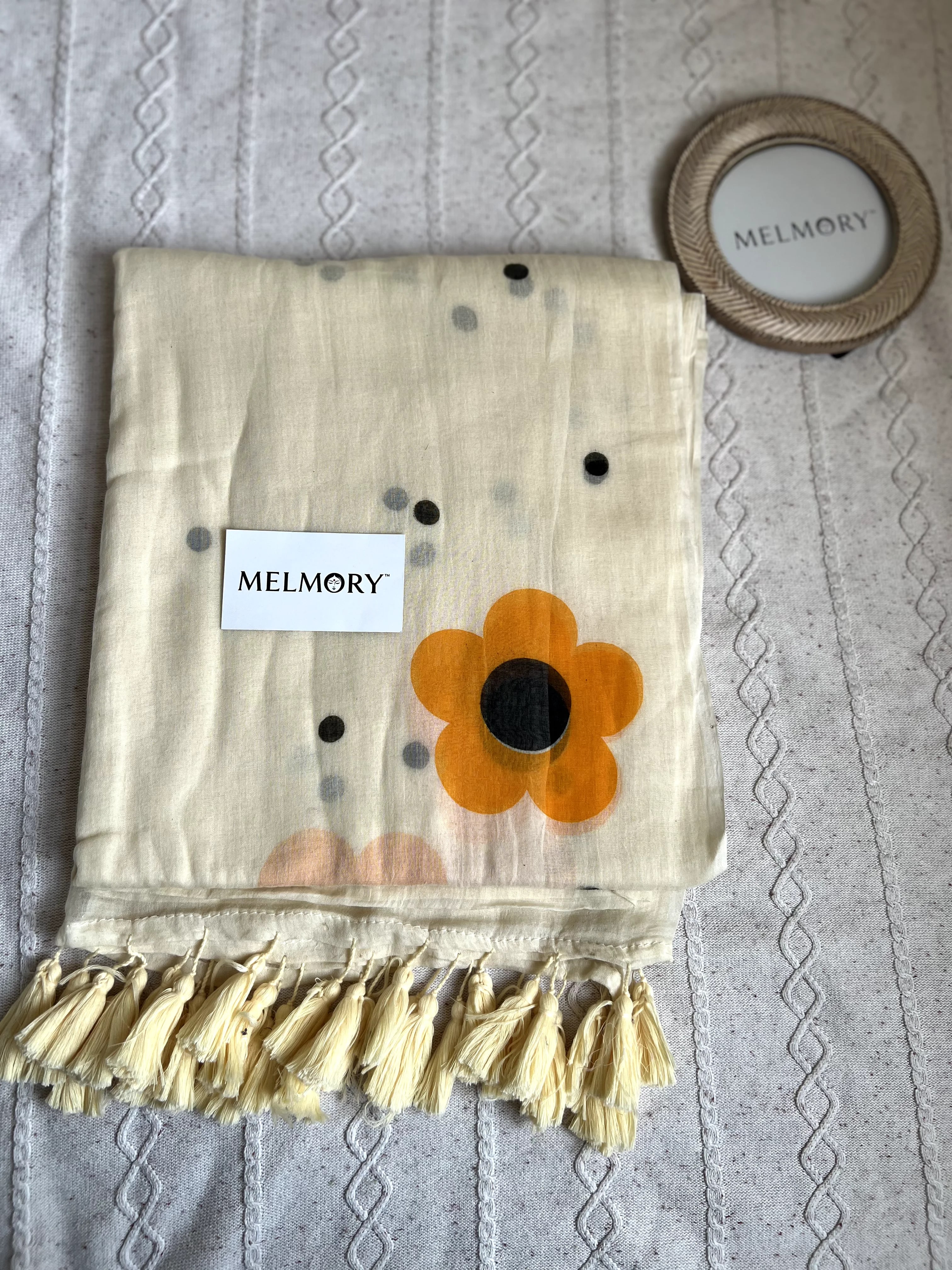 Sunburst Petal Mul Saree - Ivory with Mustard Yellow and Black Polka dots