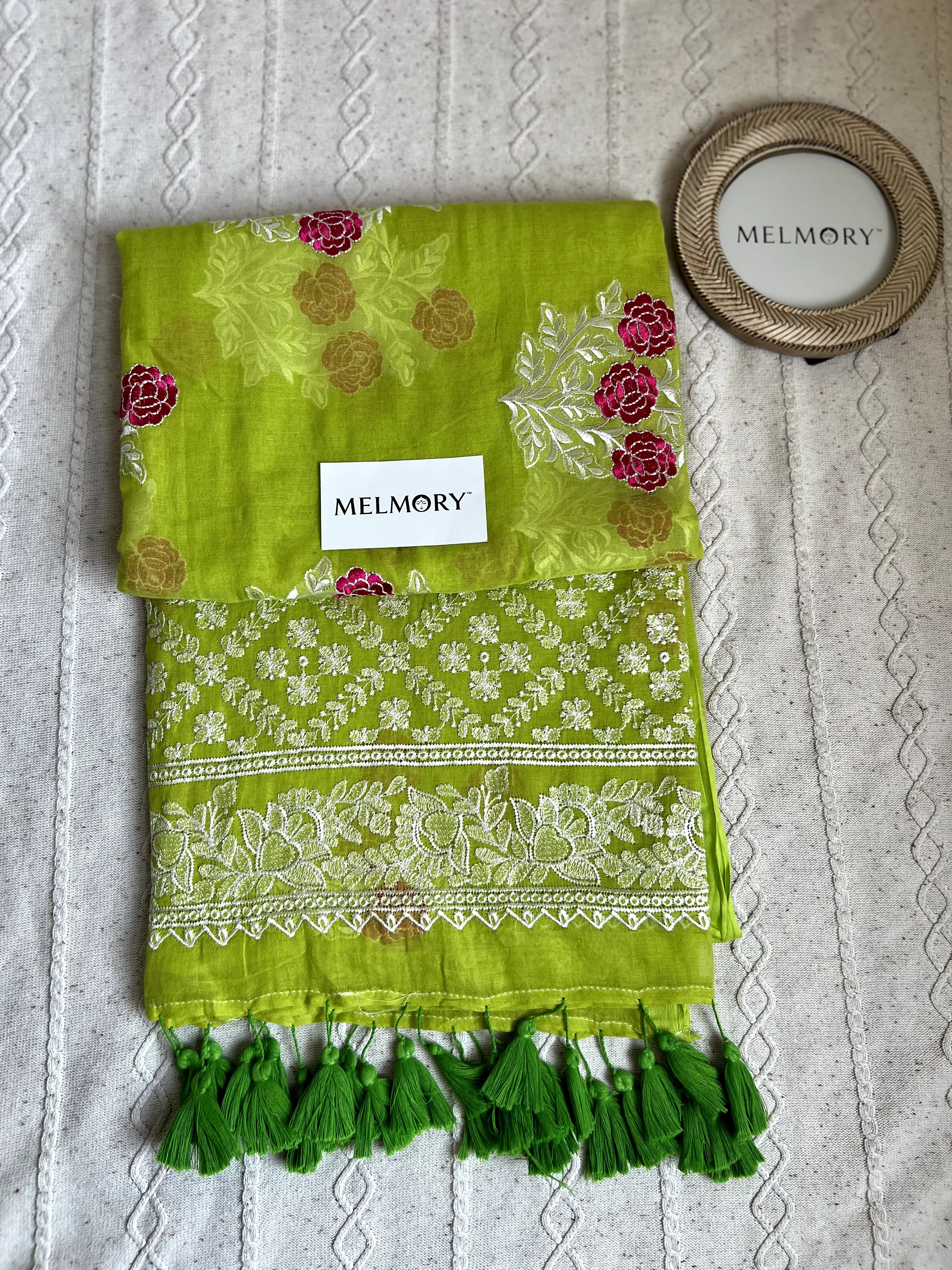 Rose Embroidery Mul Saree - Olive Green