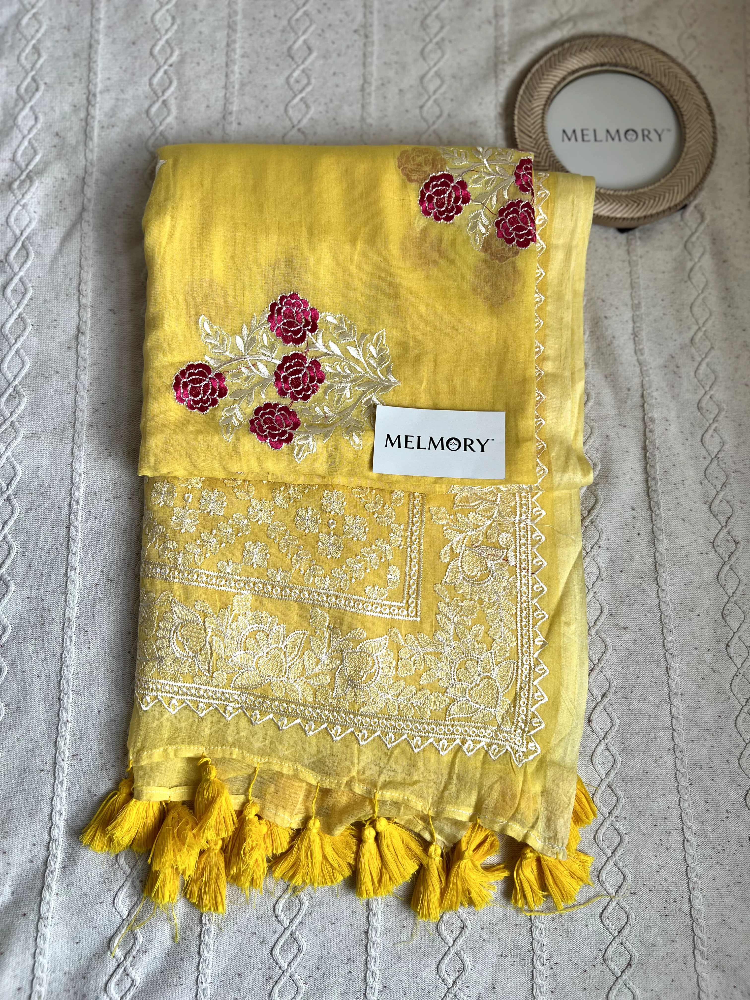 Rose Embroidery Mul Saree - Bright Yellow