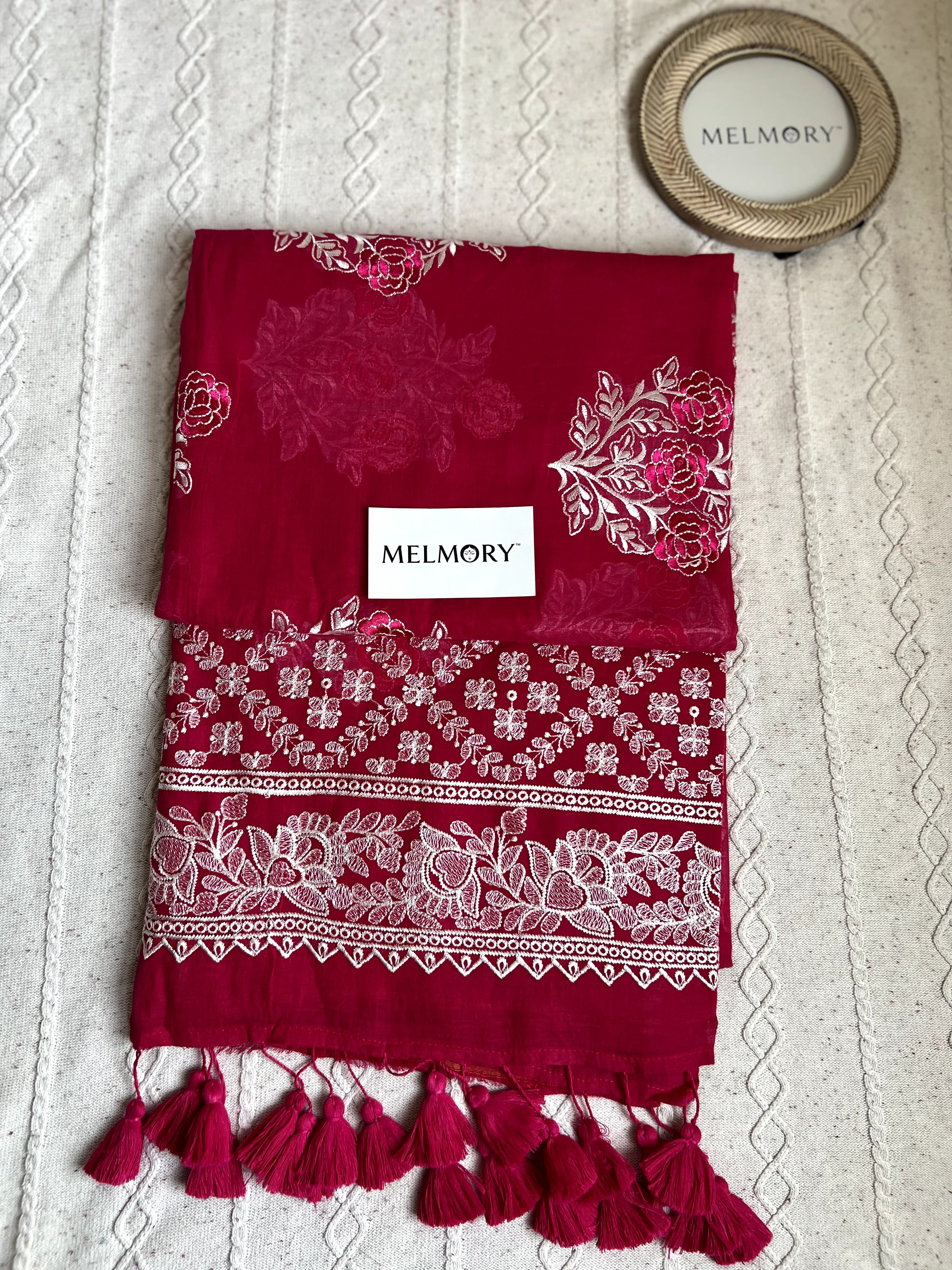 Rose Embroidery Mul Saree - Raspberry Pink