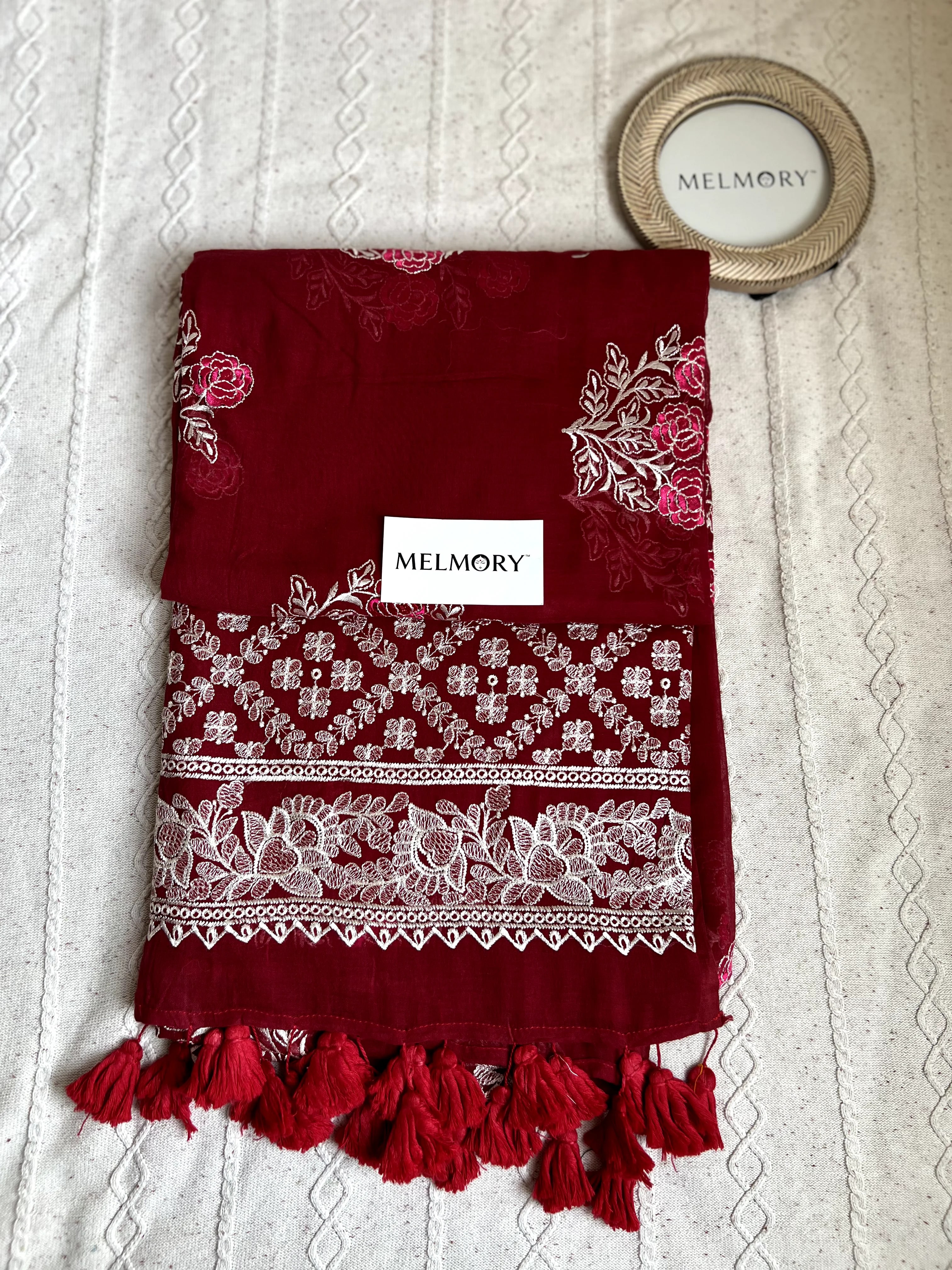 Rose Embroidery Mul Saree - Deep Wine Red