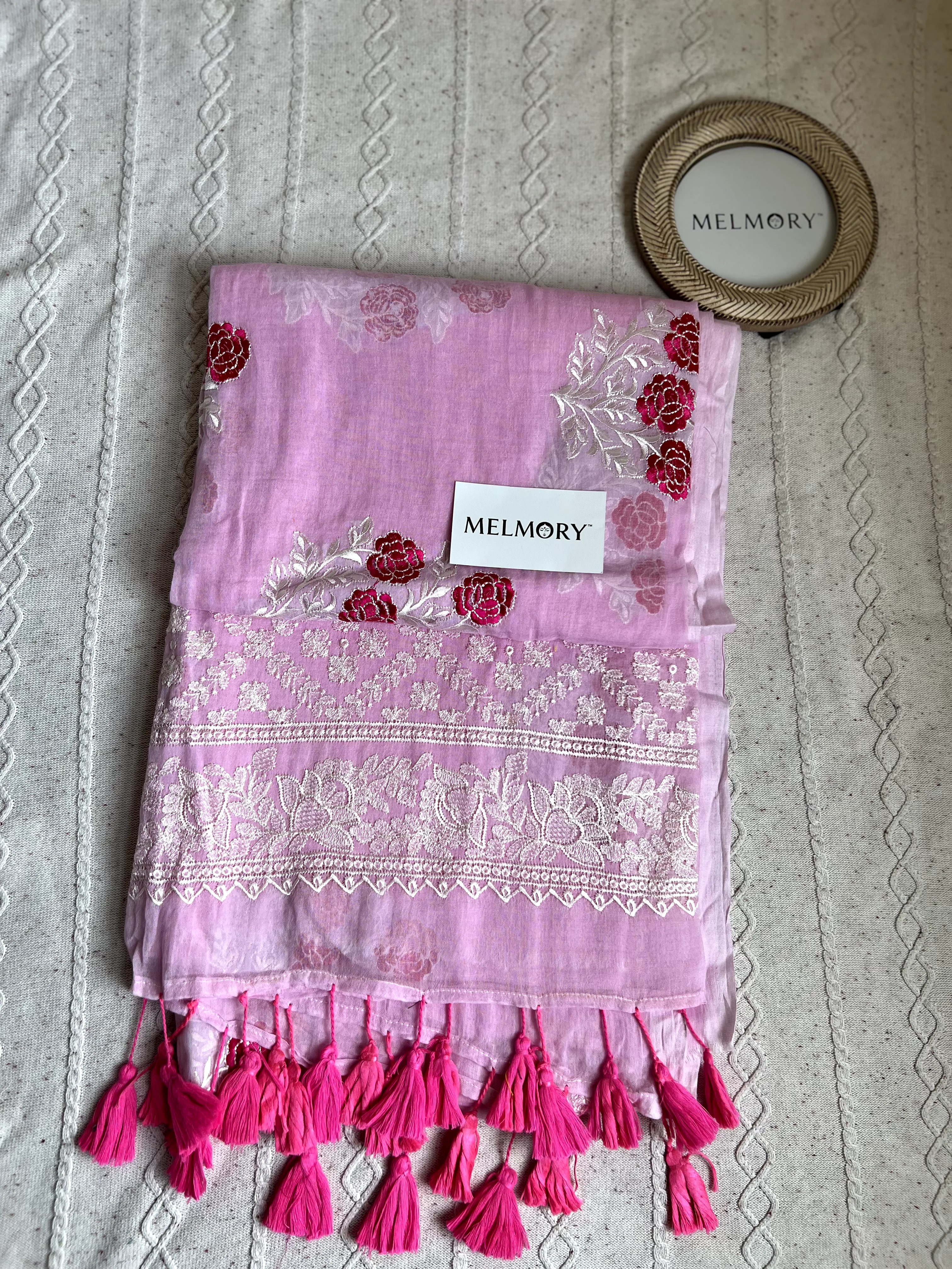 Rose Embroidery Mul Saree - Orchid Pink