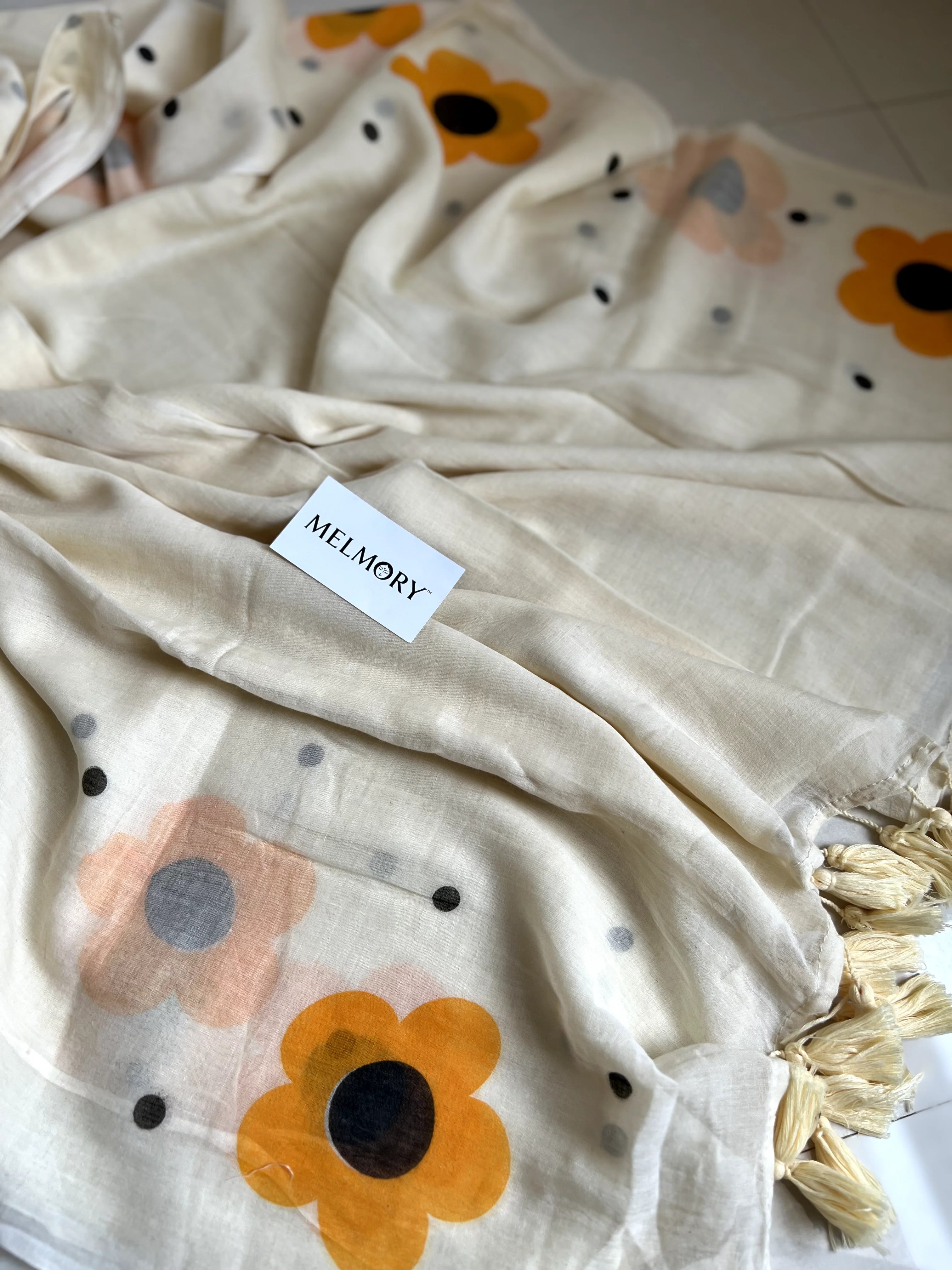 Sunburst Petal Mul Saree - Ivory with Mustard Yellow and Black Polka dots