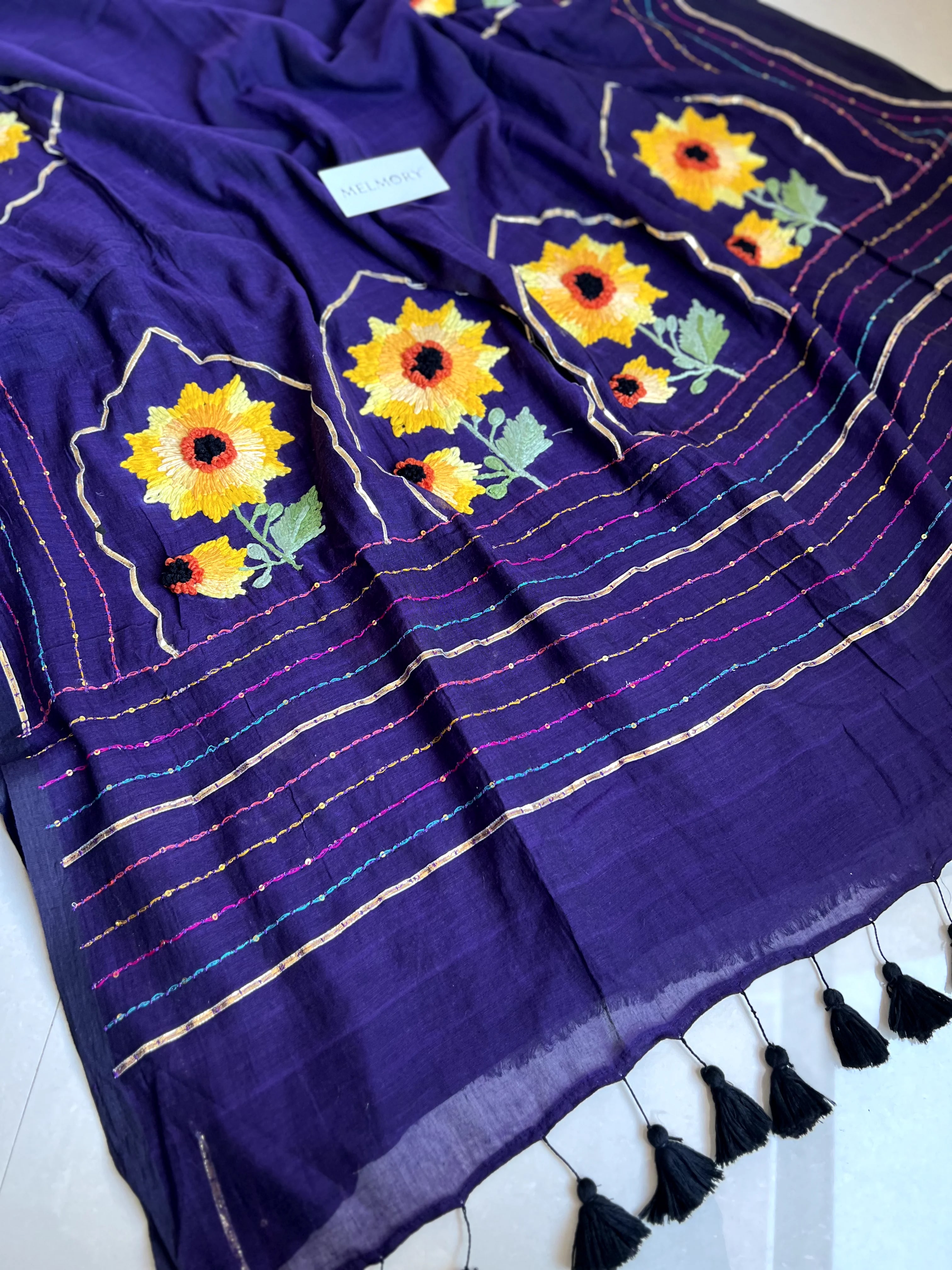 Sunflower Handstitched Embroidery Mul Saree - Purple