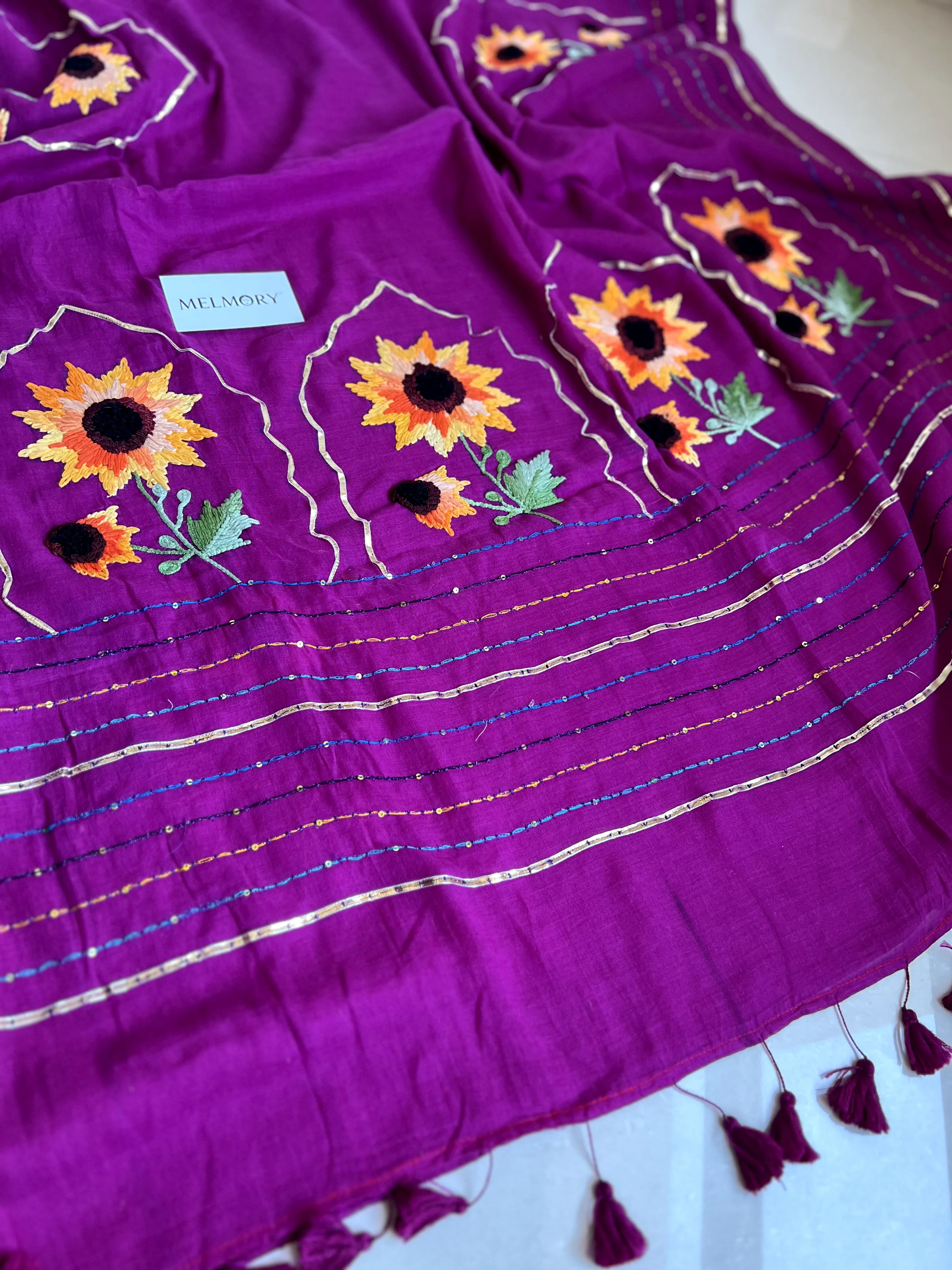 Sunflower Handstitched Embroidery Mul Saree - Deep Magenta