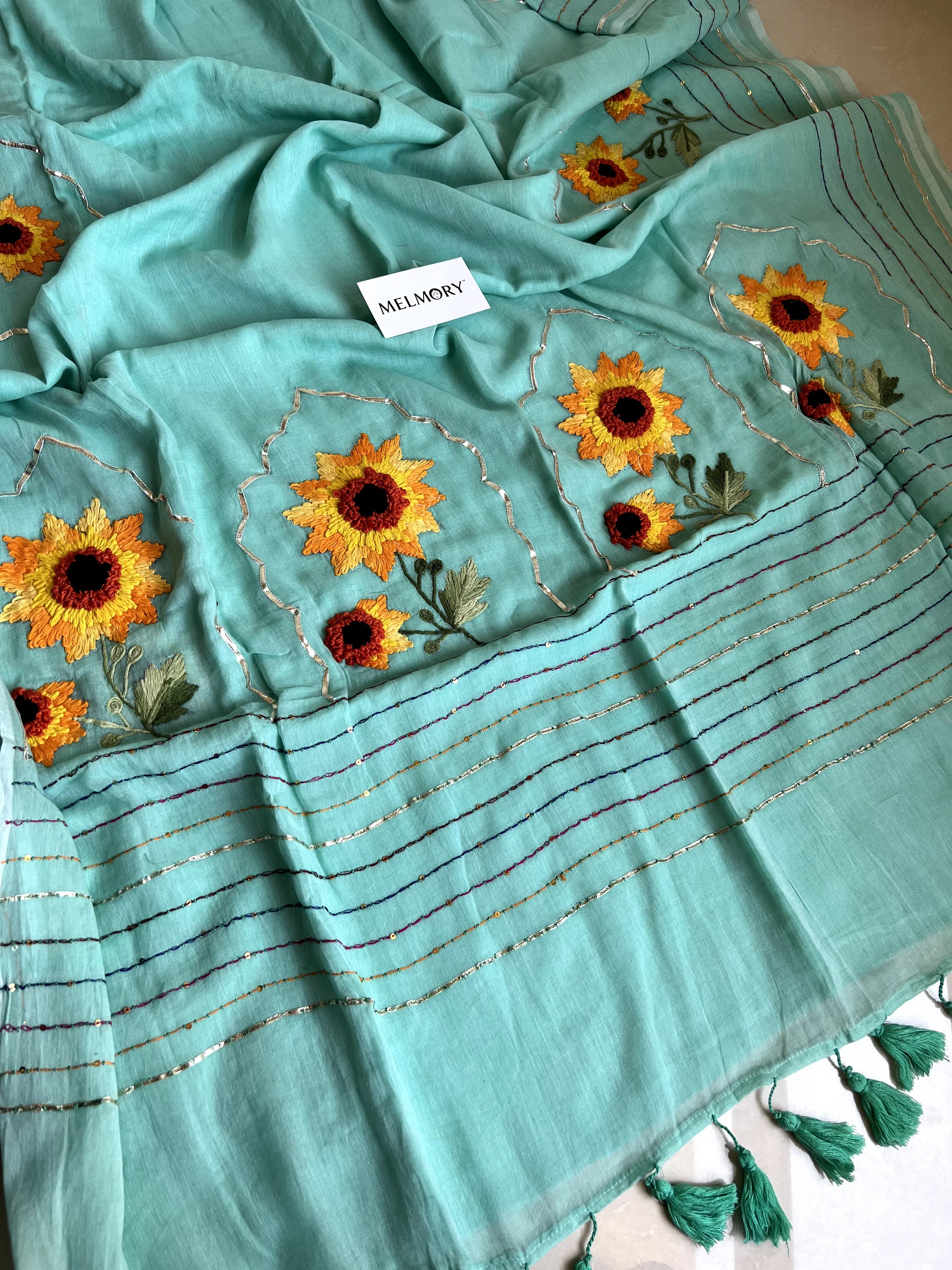 Sunflower Handstitched Embroidery Mul Saree - Light Teal