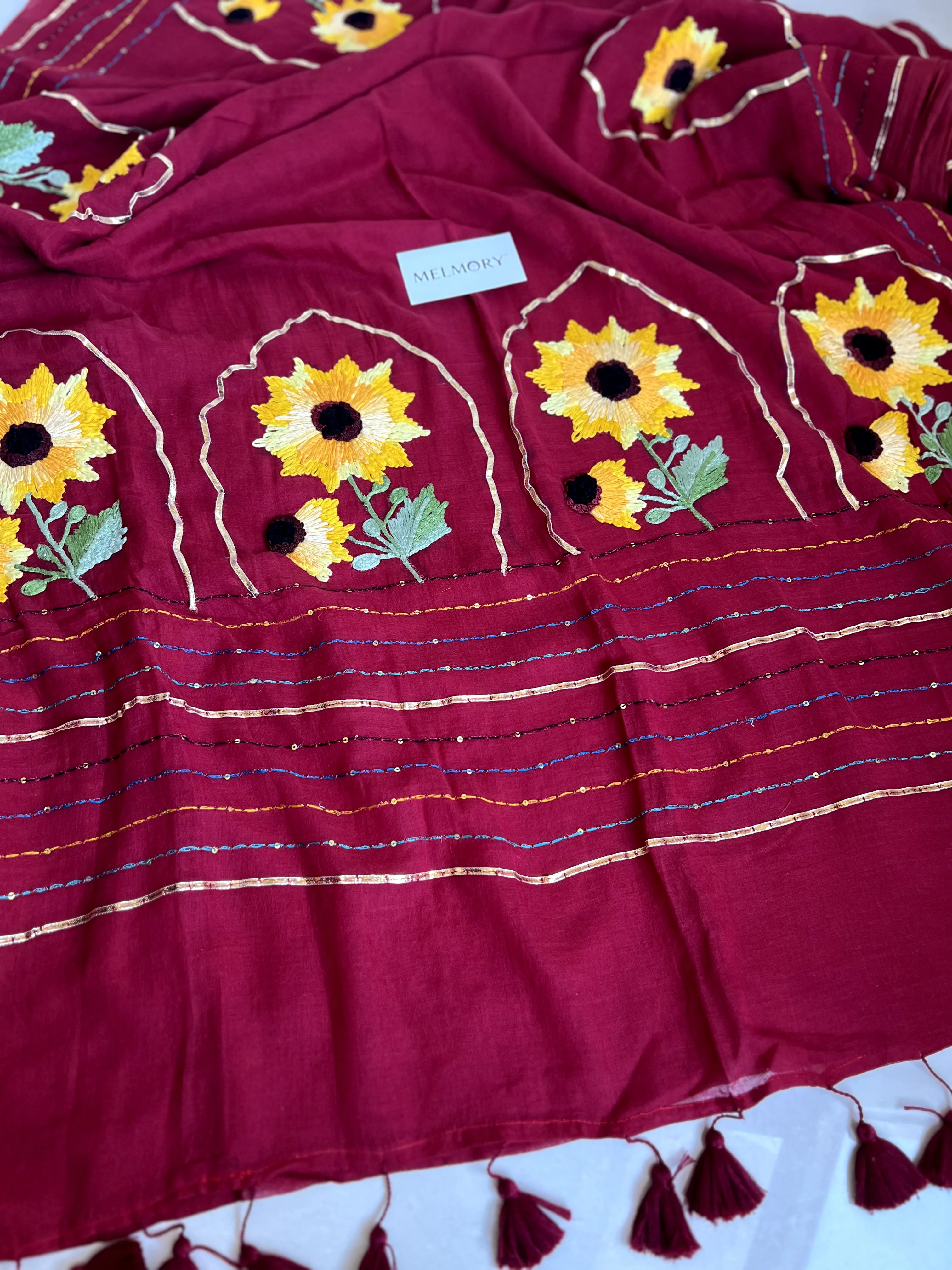Sunflower Handstitched Embroidery Mul Saree - Rich Maroon