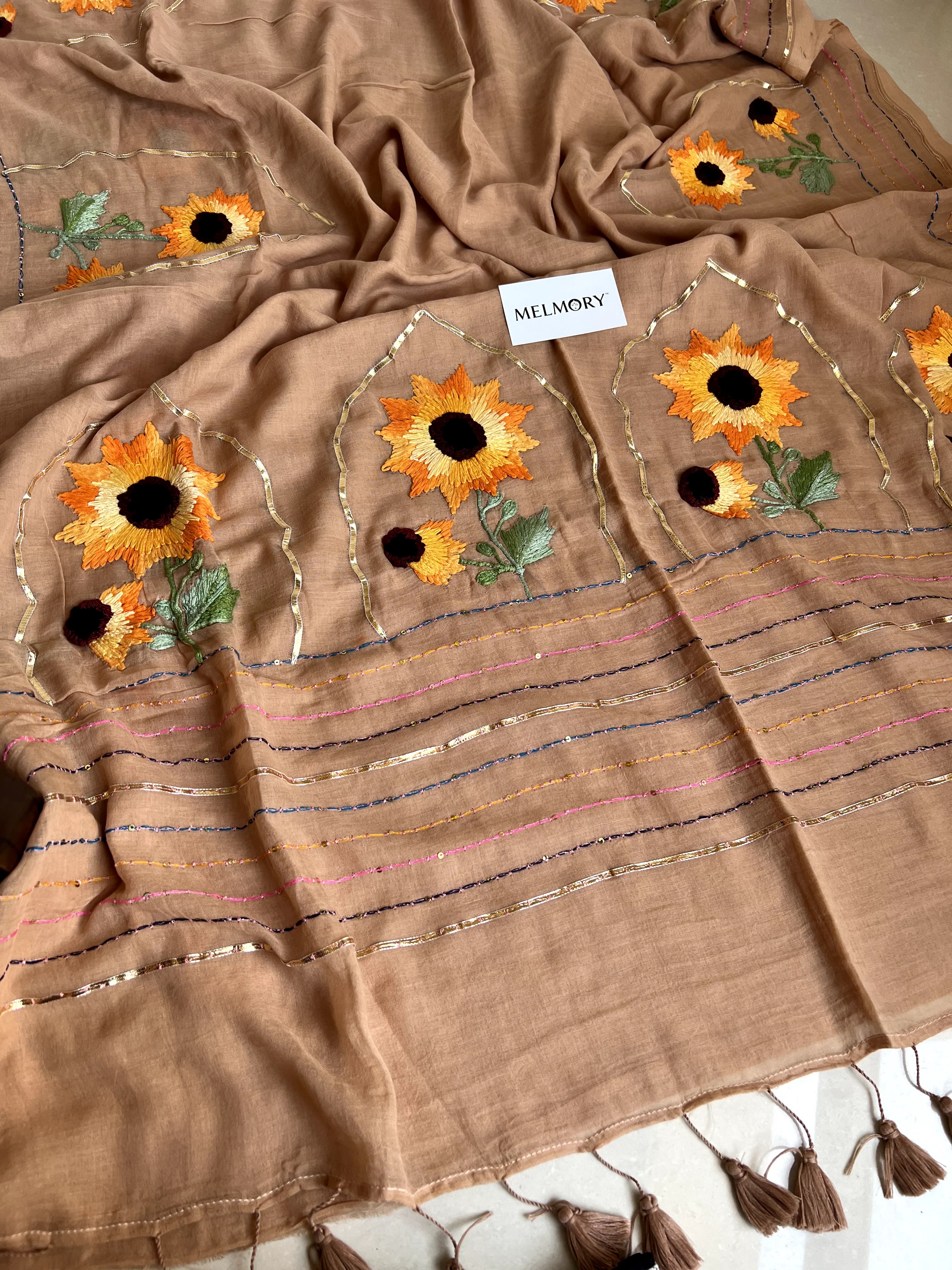 Sunflower Handstitched Embroidery Mul Saree - Beige