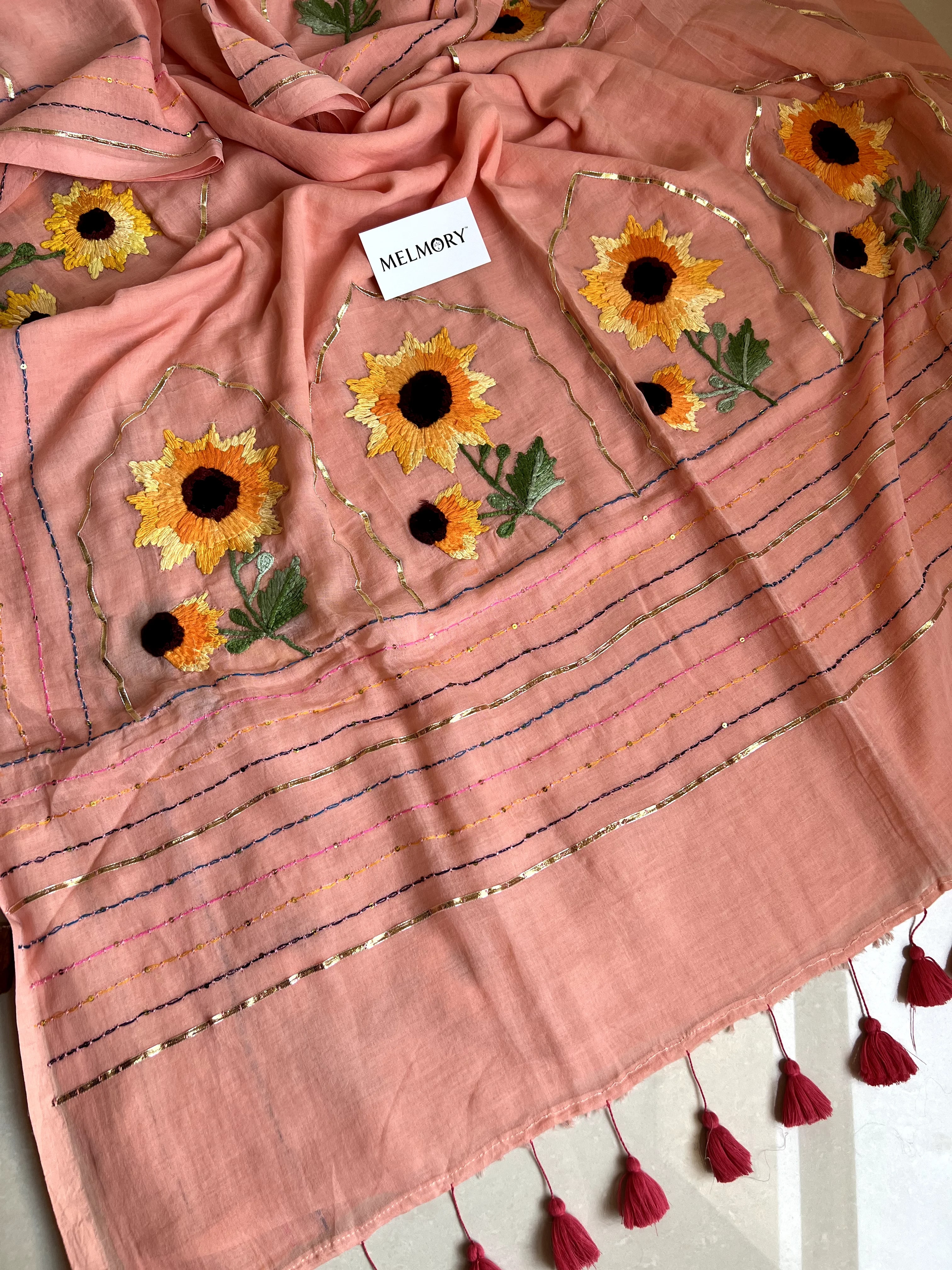 Sunflower Handstitched Embroidery Mul Saree - Soft Peach