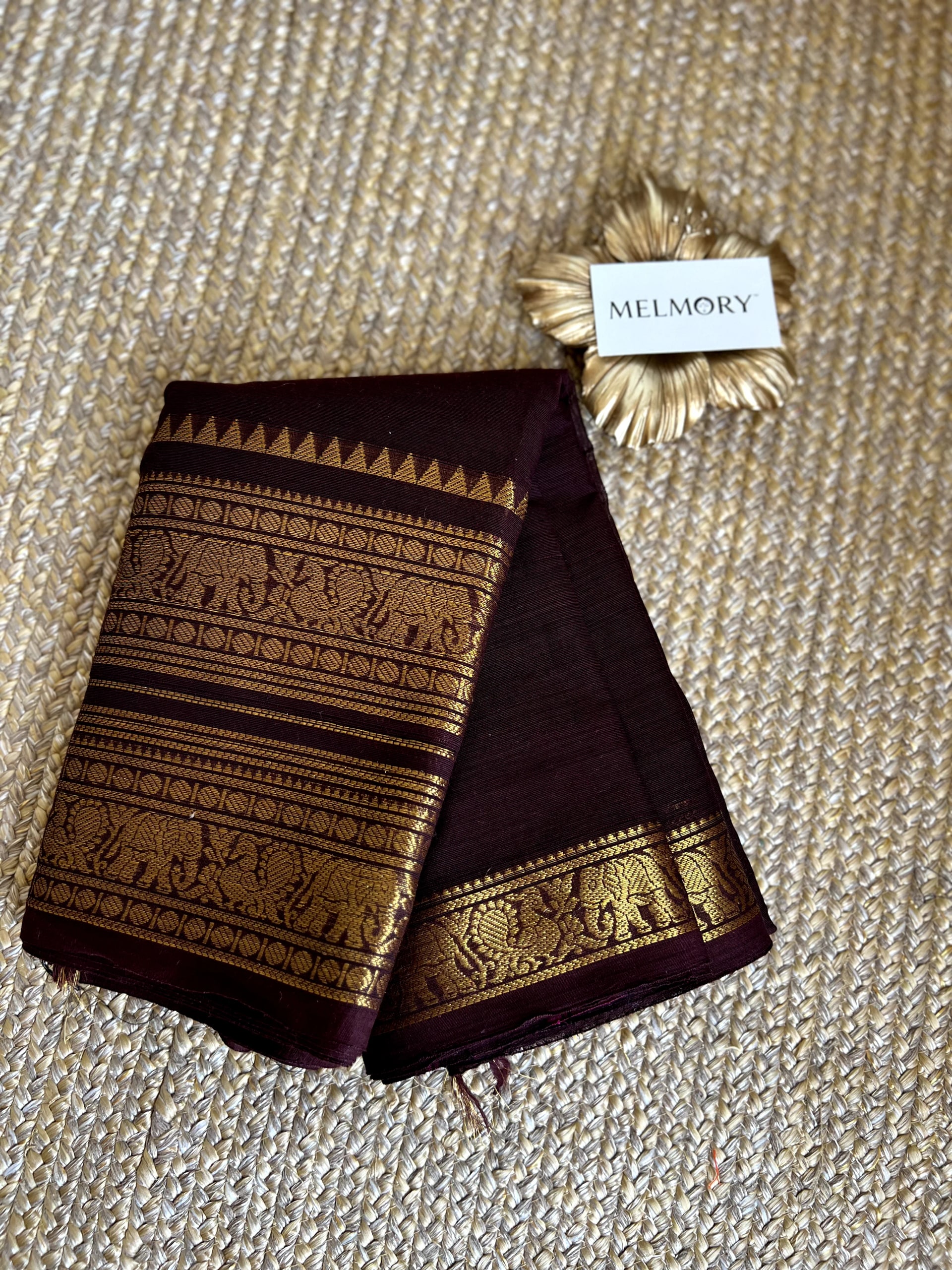 Double Zari Border Kanchi Cotton Saree - Coffee Brown