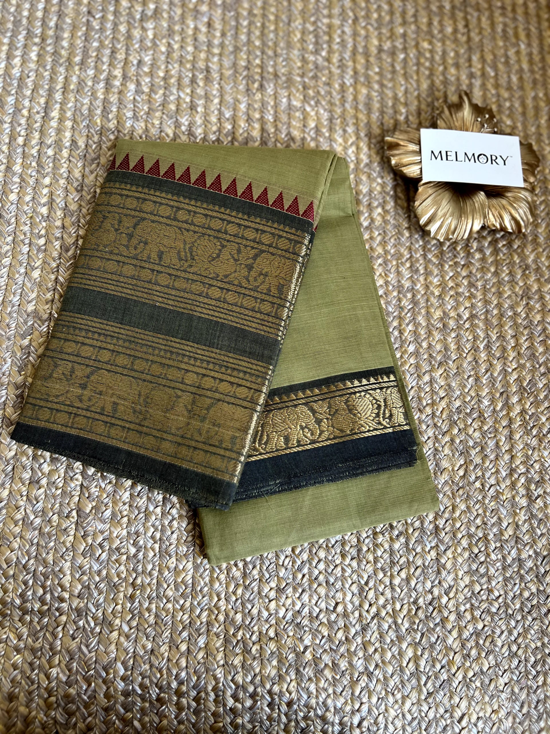 Double Zari Border Kanchi Cotton Saree - Dusty Green