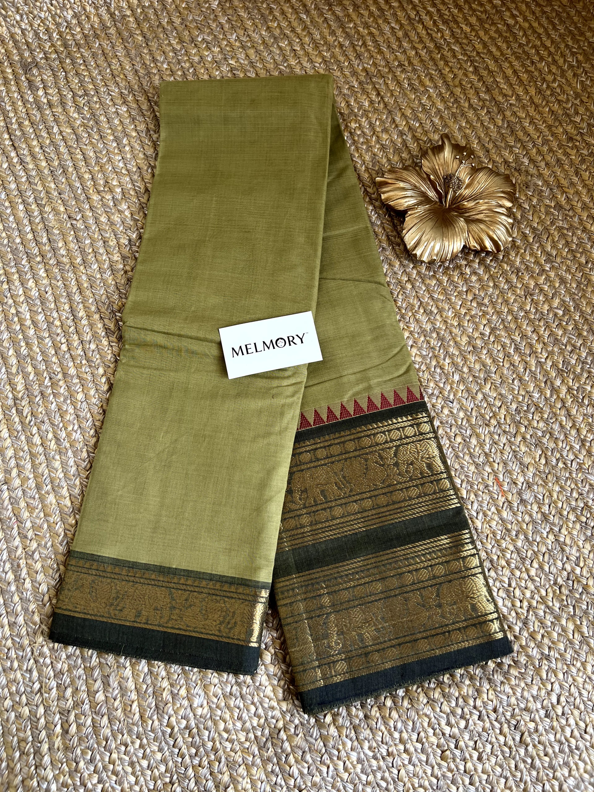 Double Zari Border Kanchi Cotton Saree - Dusty Green