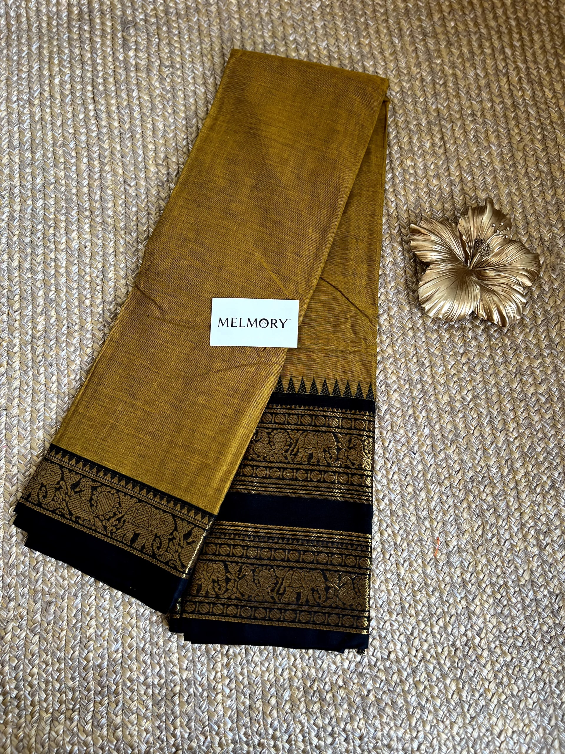 Double Zari Border Kanchi Cotton Saree - Mustard Yellow with Black