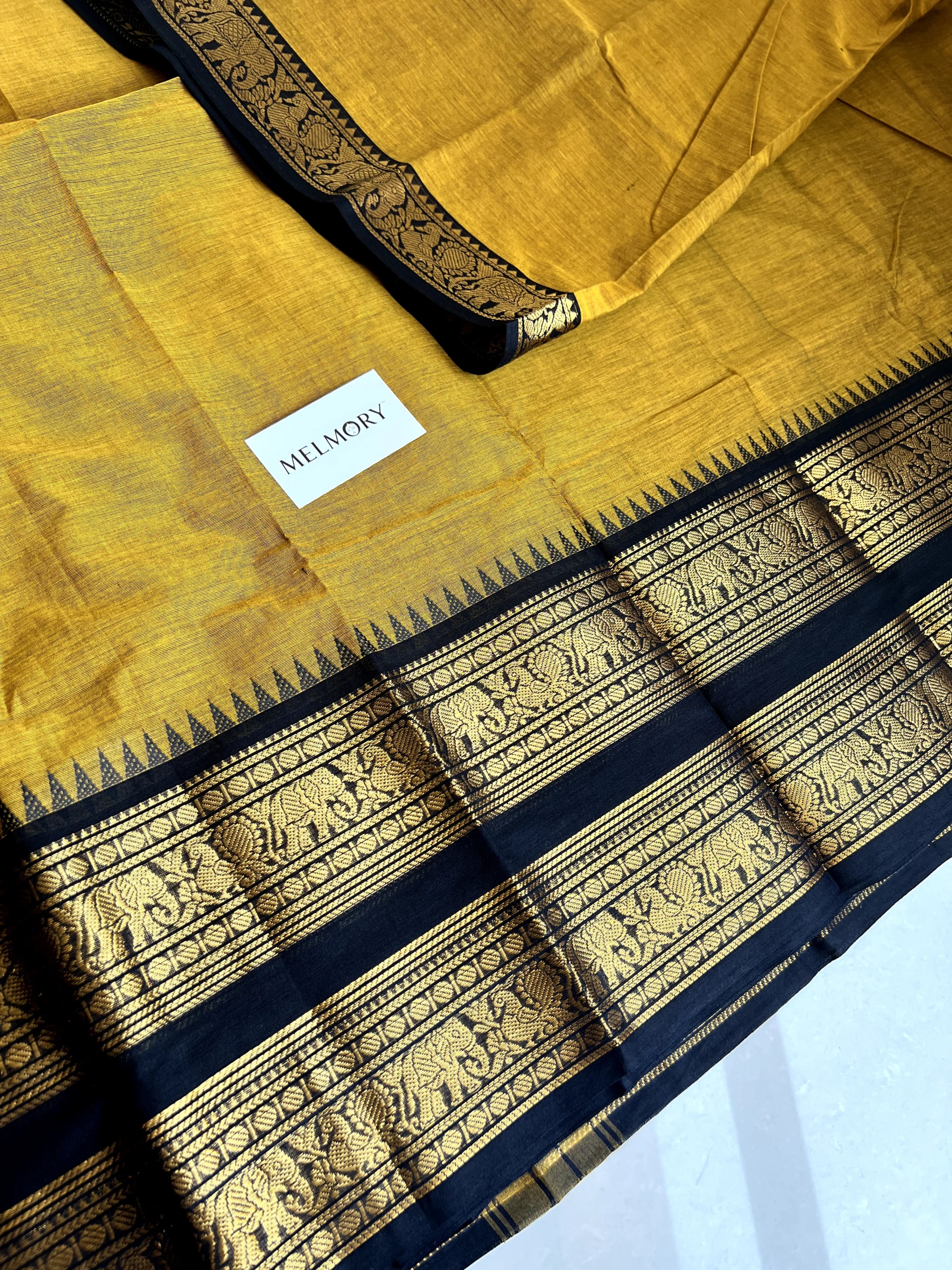 Double Zari Border Kanchi Cotton Saree - Mustard Yellow with Black