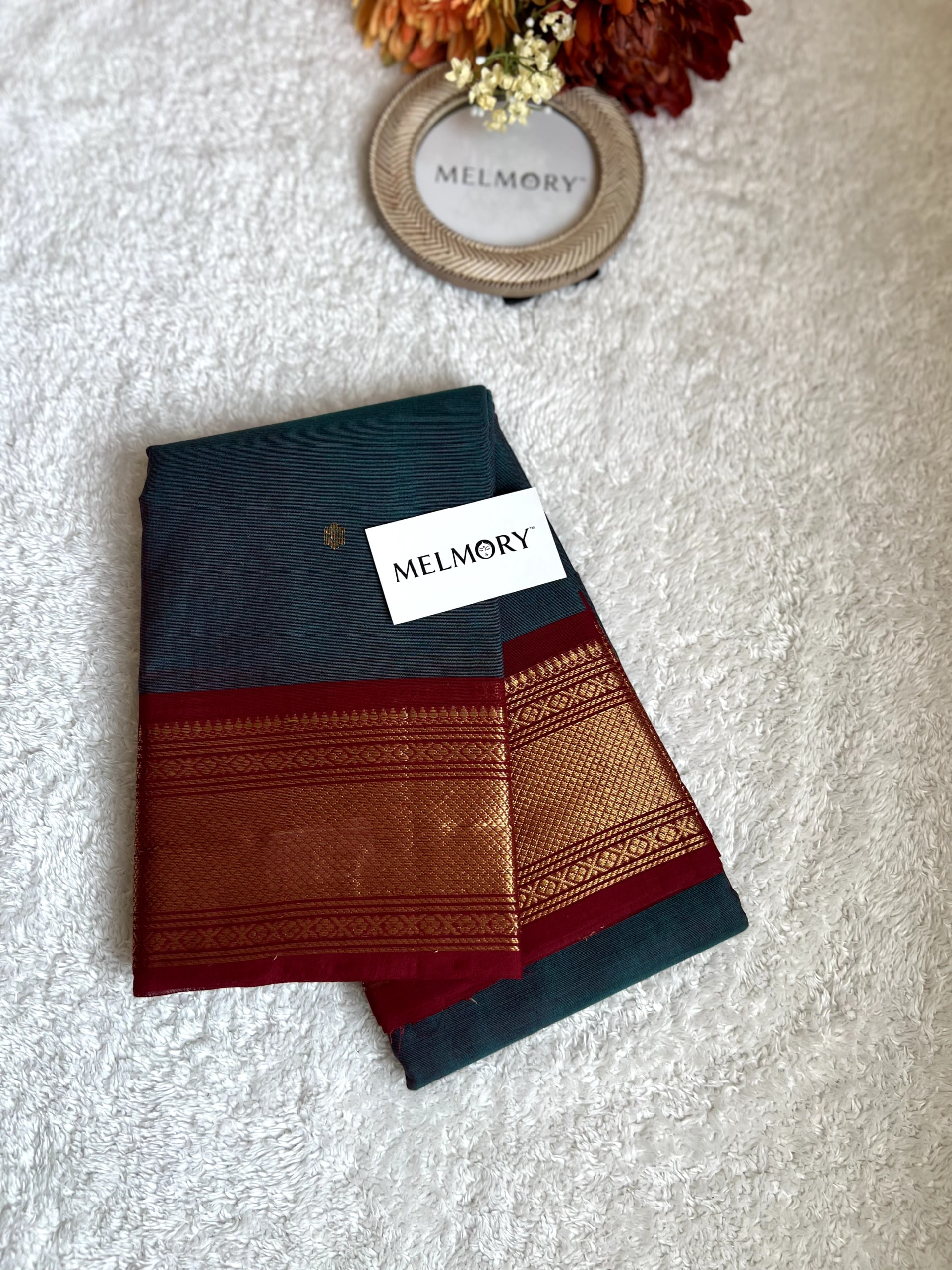 Kanchi Cotton Saree - Deep Teal Blue with Maroon Zari Border
