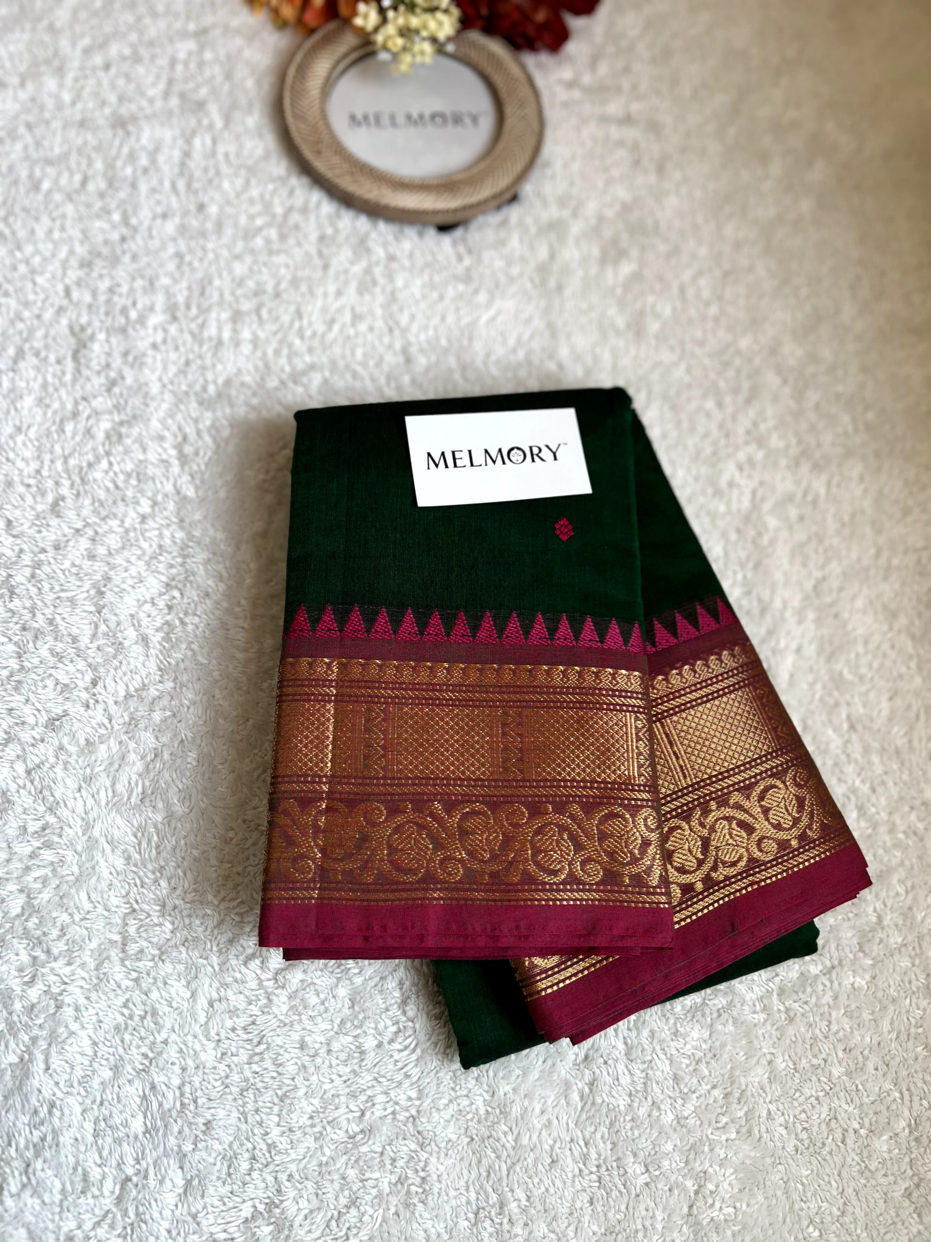 Kanchi Cotton Saree - Bottle Green with Deep Pink Zari Border