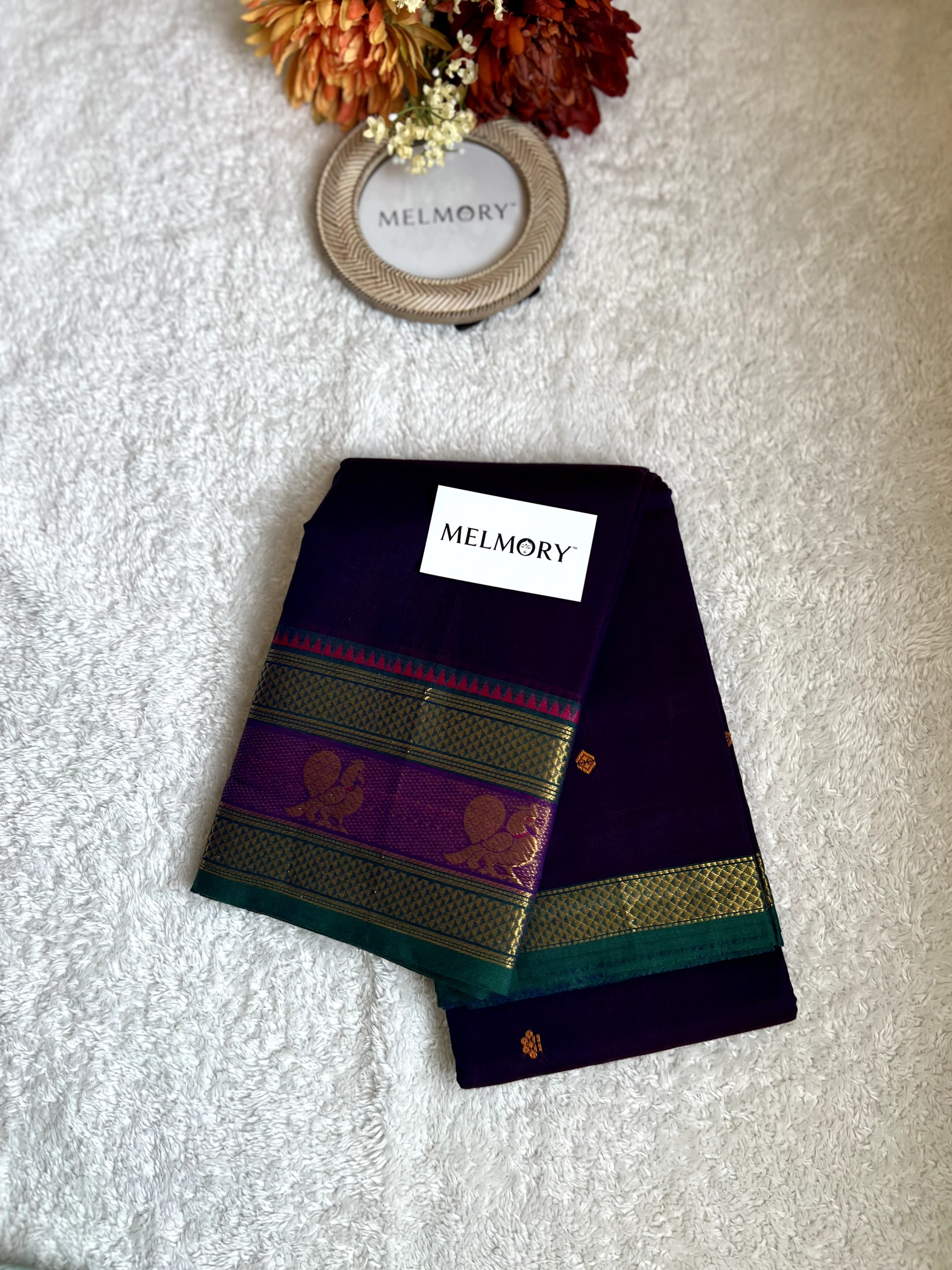 Kanchi Cotton Saree - Deep Purple with Peacock Green Zari Border