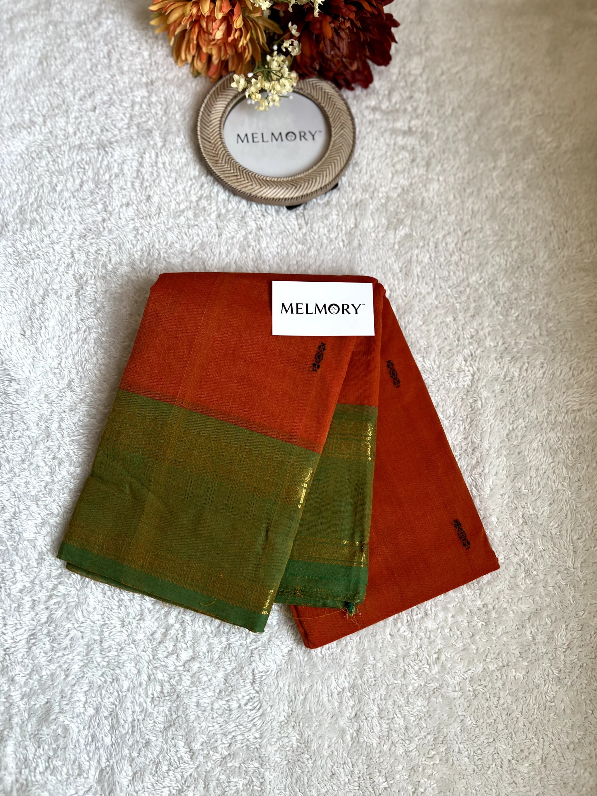 Kanchi Cotton Saree - Rust Orange with Olive Green Zari Border