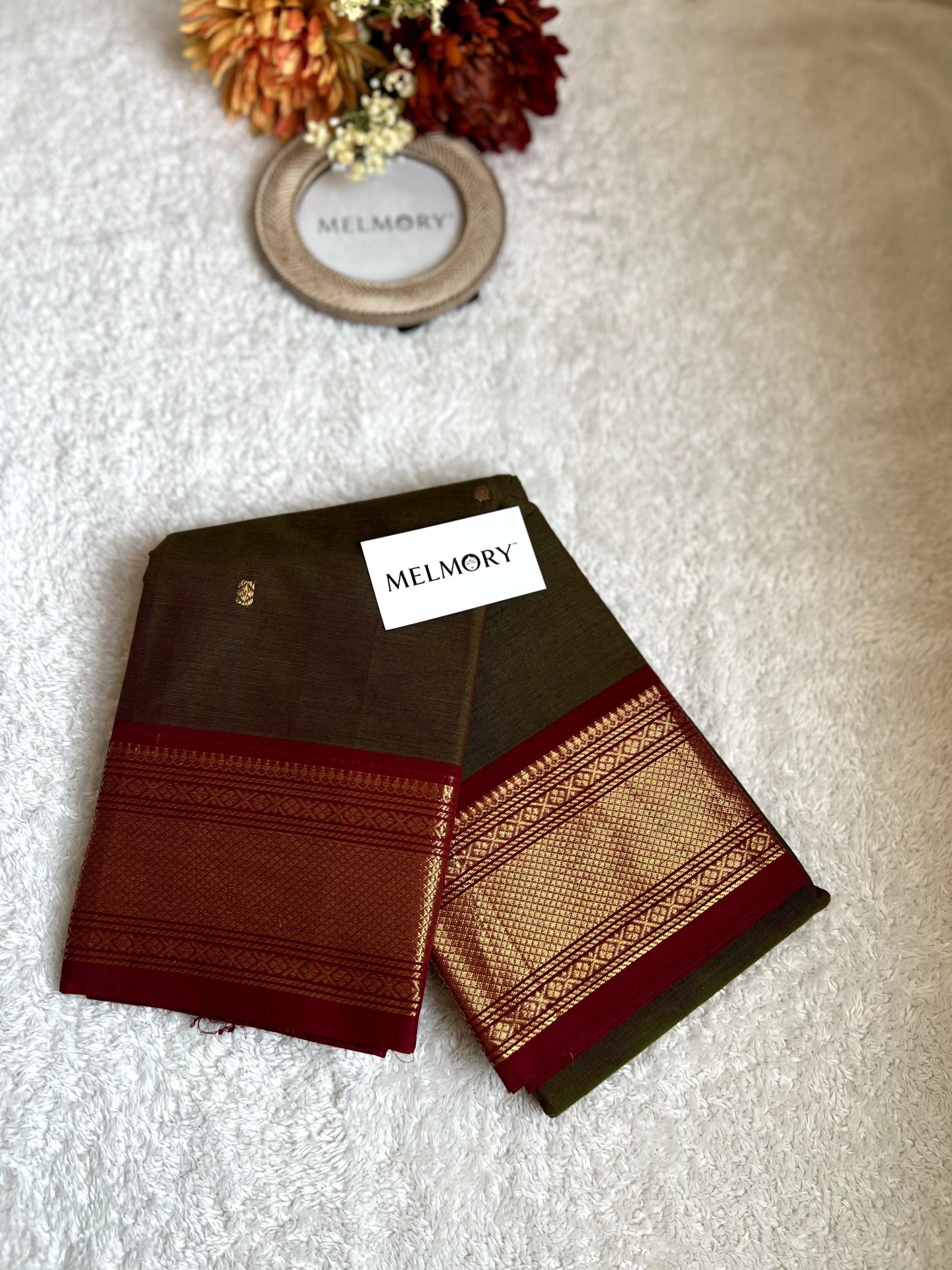 Kanchi Cotton Saree - Brownish Olive with Maroon Gold Zari Border