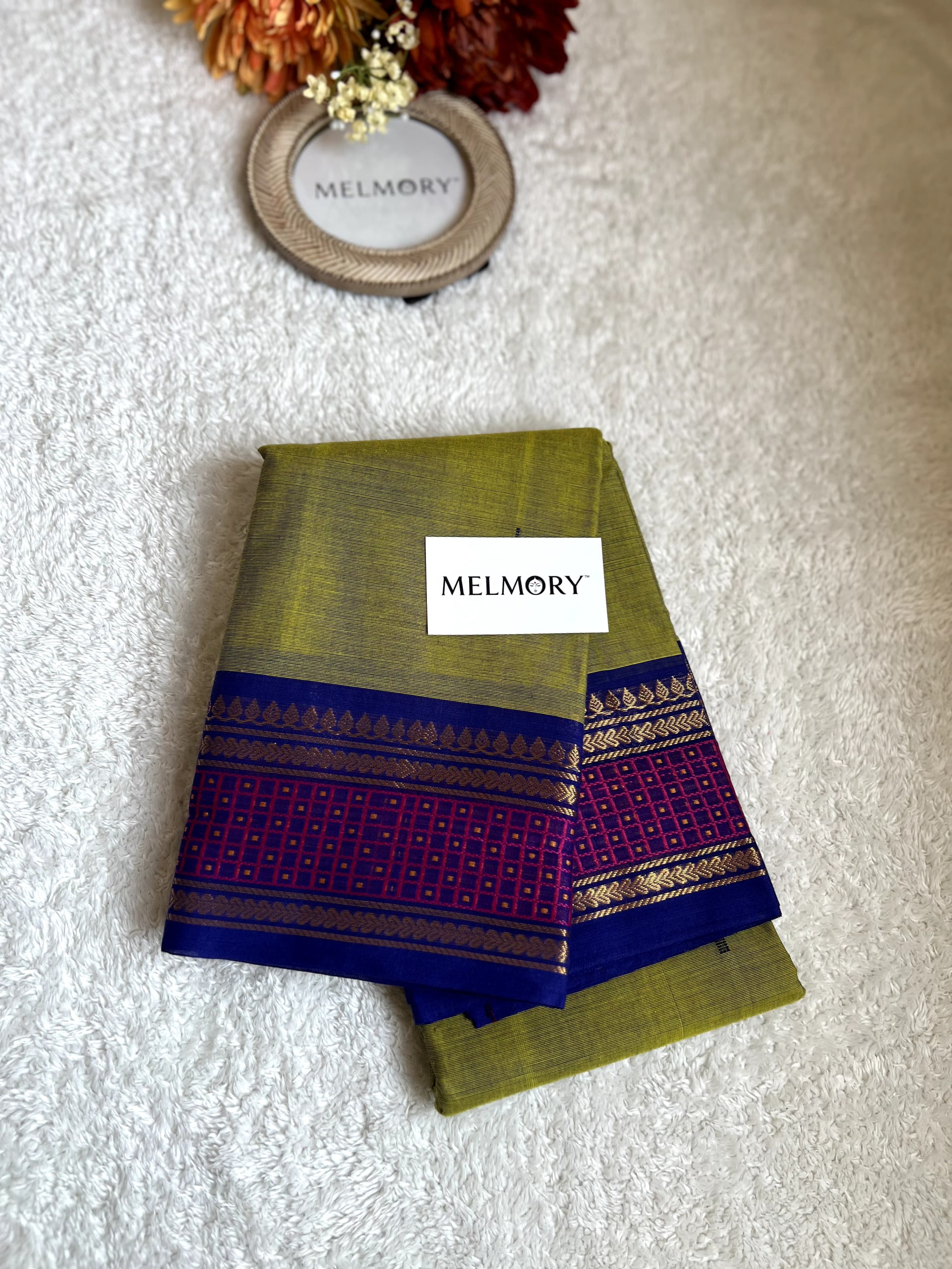Kanchi Cotton Saree - Olive Green with Royal Blue Gold Zari Border