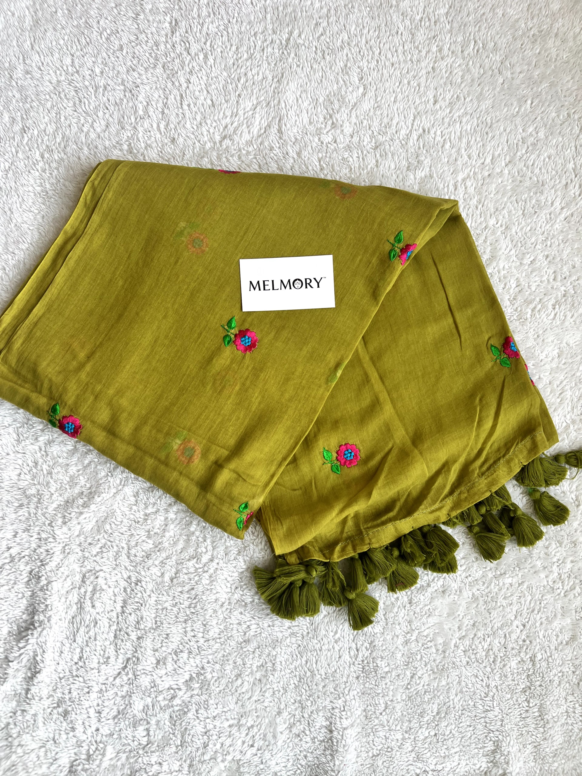 Floral Embroidery Mul Saree - Olive Green