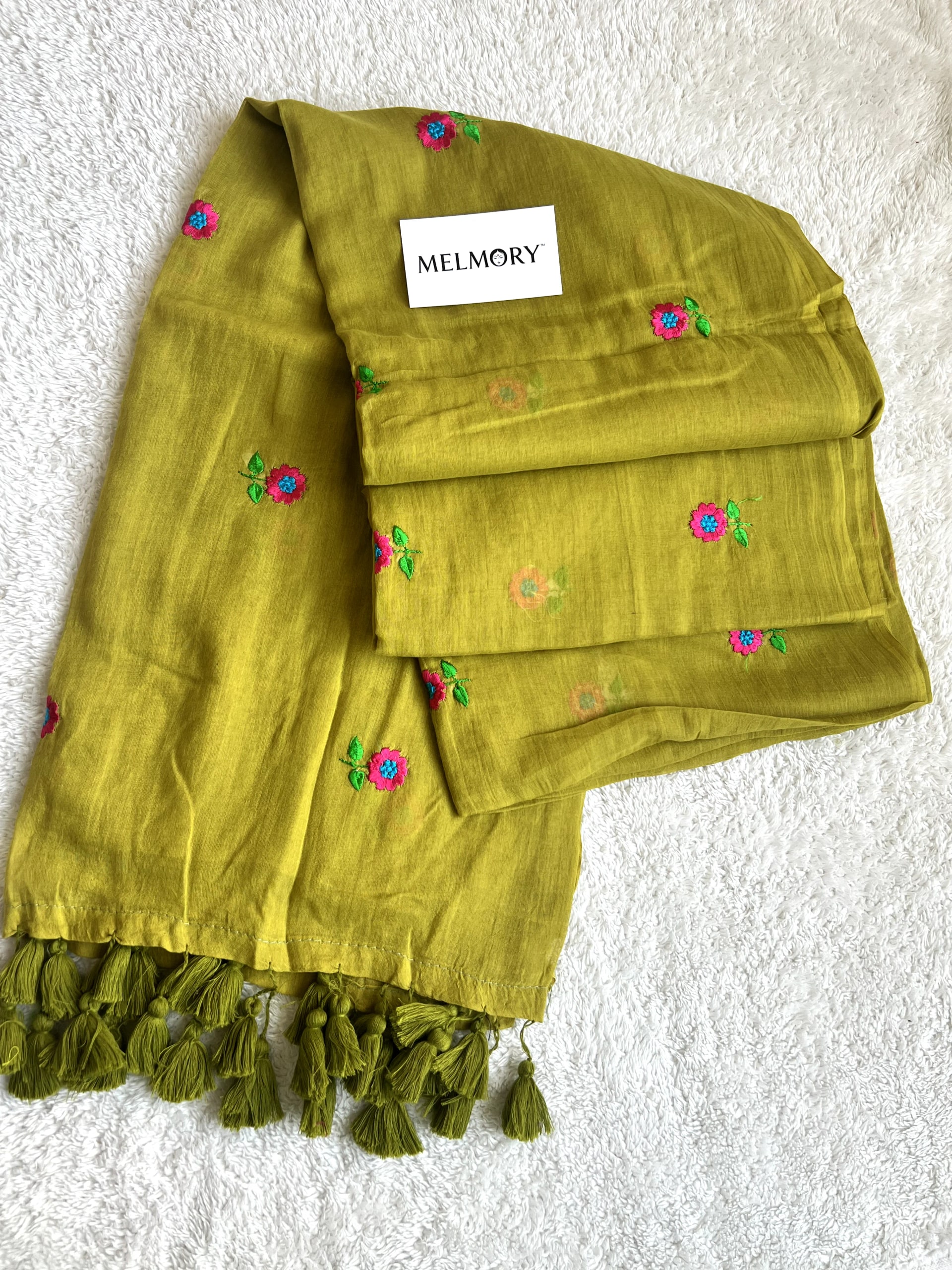 Floral Embroidery Mul Saree - Olive Green