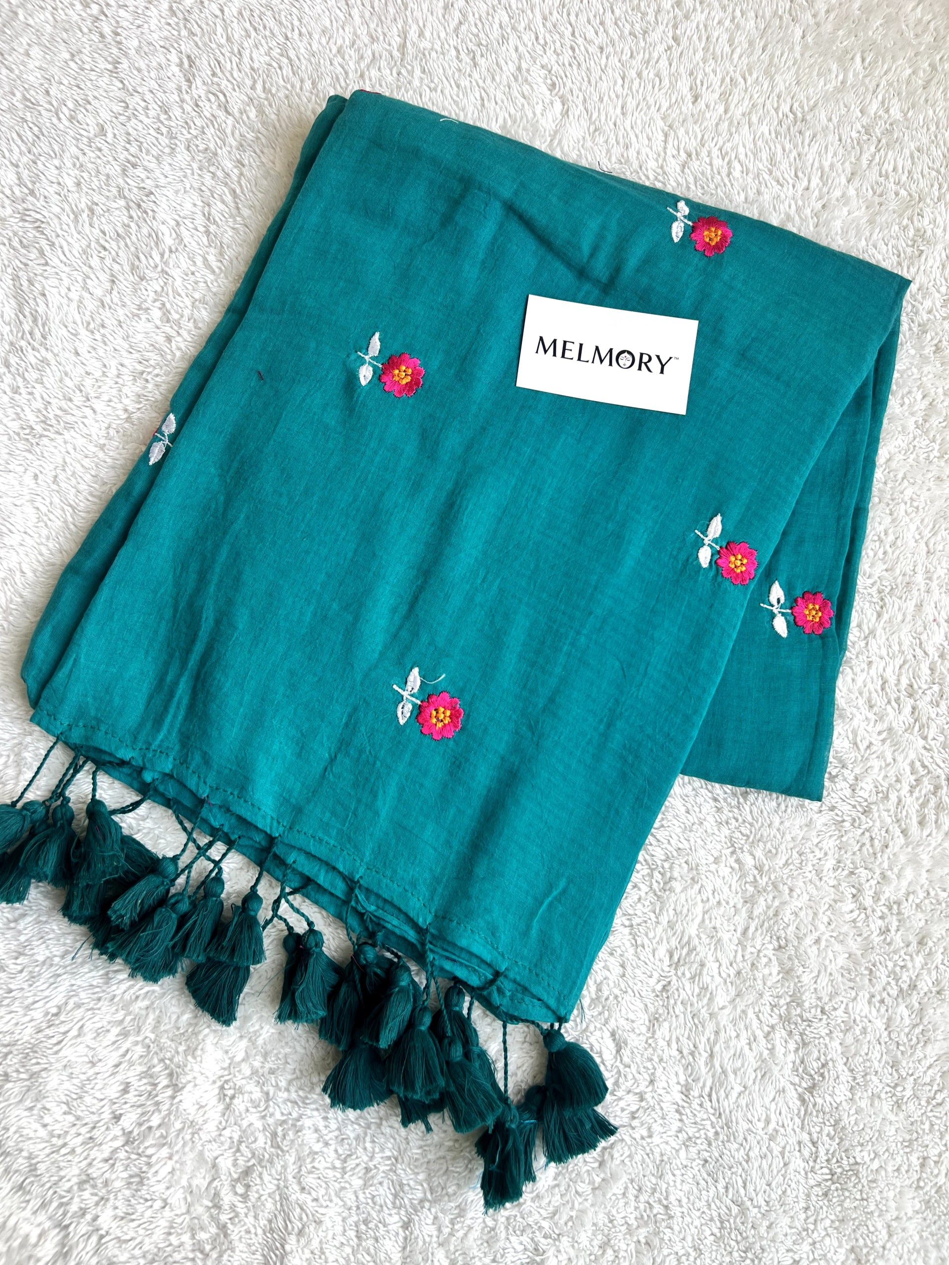 Floral Embroidery Mul Saree - Dark Turquoise