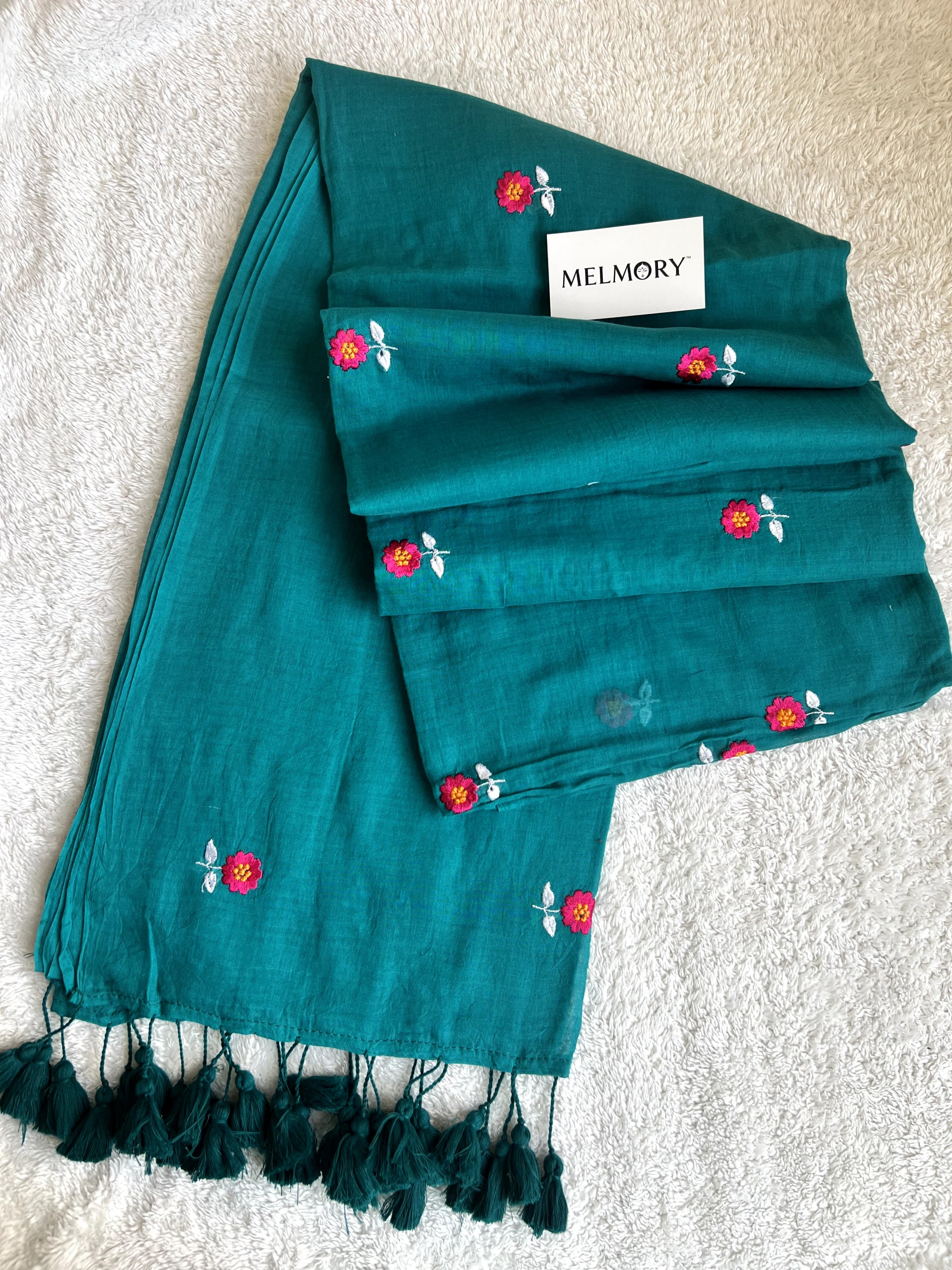Floral Embroidery Mul Saree - Dark Turquoise
