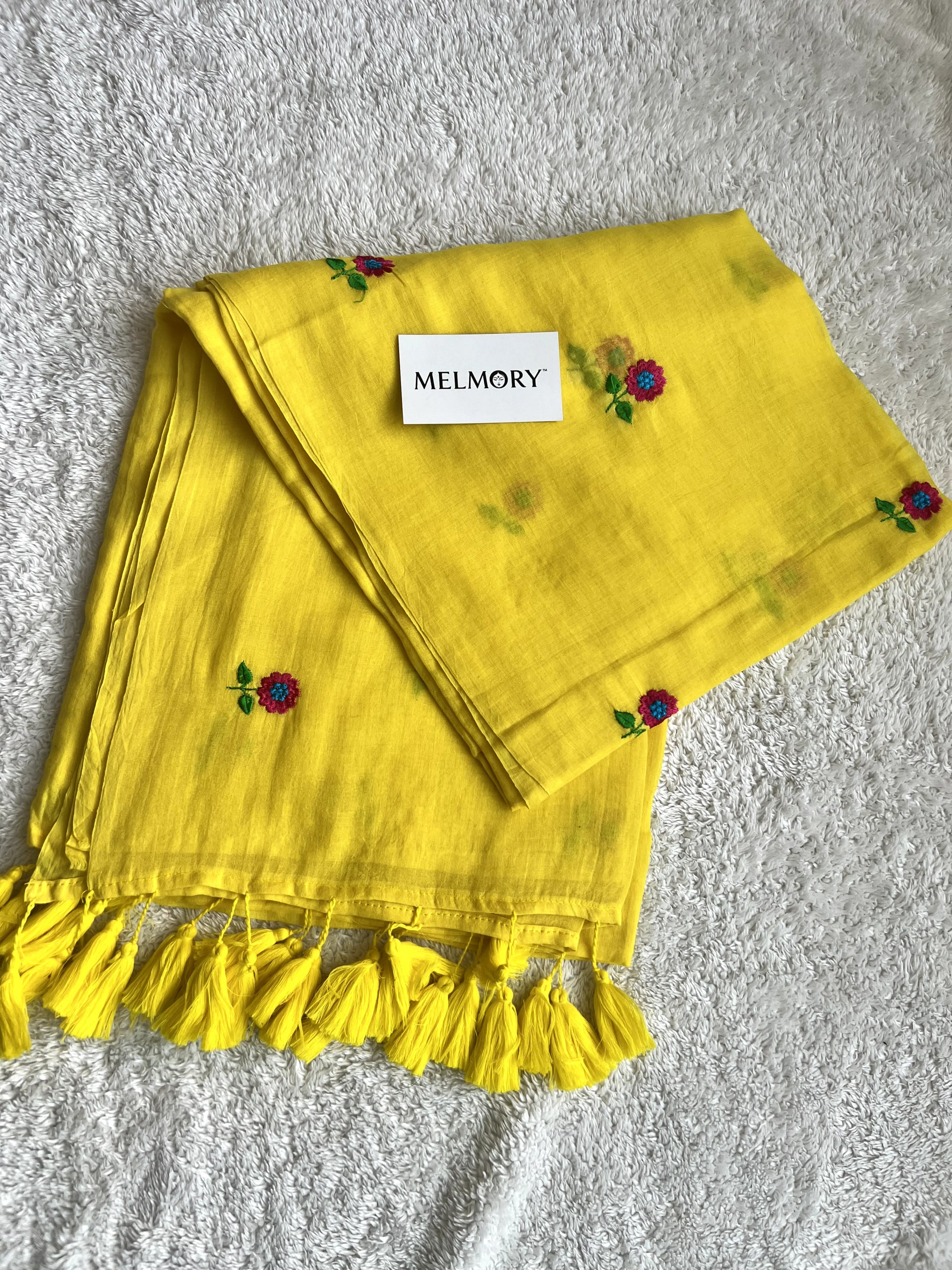 Floral Embroidery Mul Saree - Bright Yellow