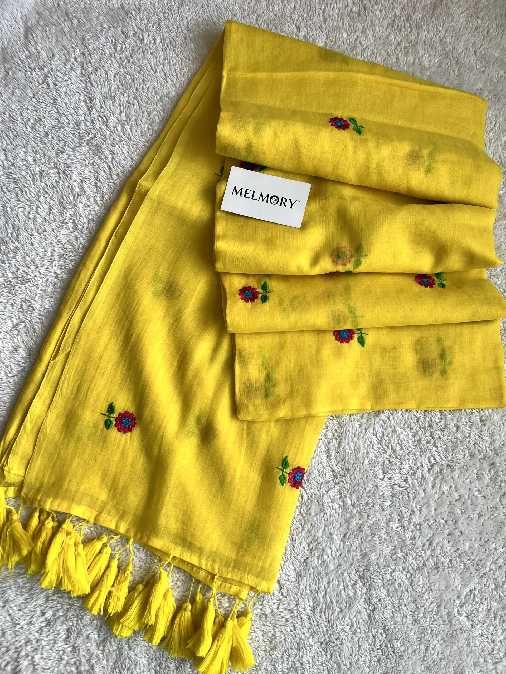 Floral Embroidery Mul Saree - Bright Yellow