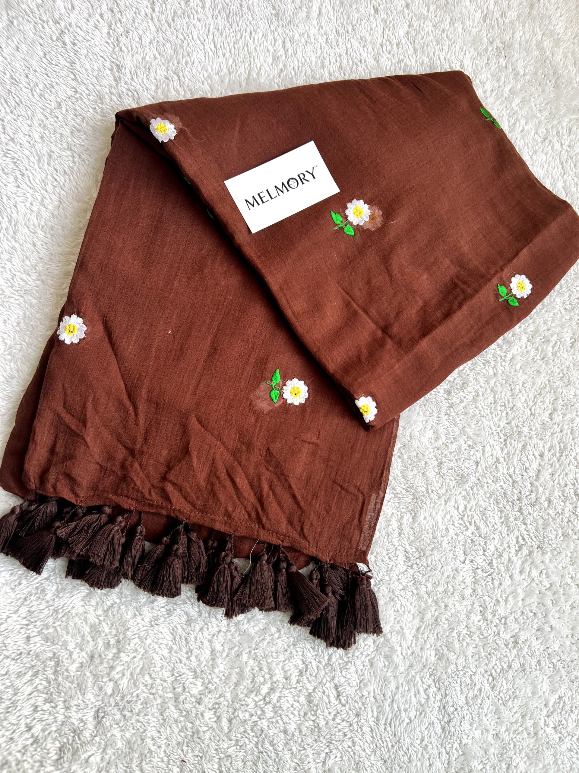 Floral Embroidery Mul Saree - Deep Brown