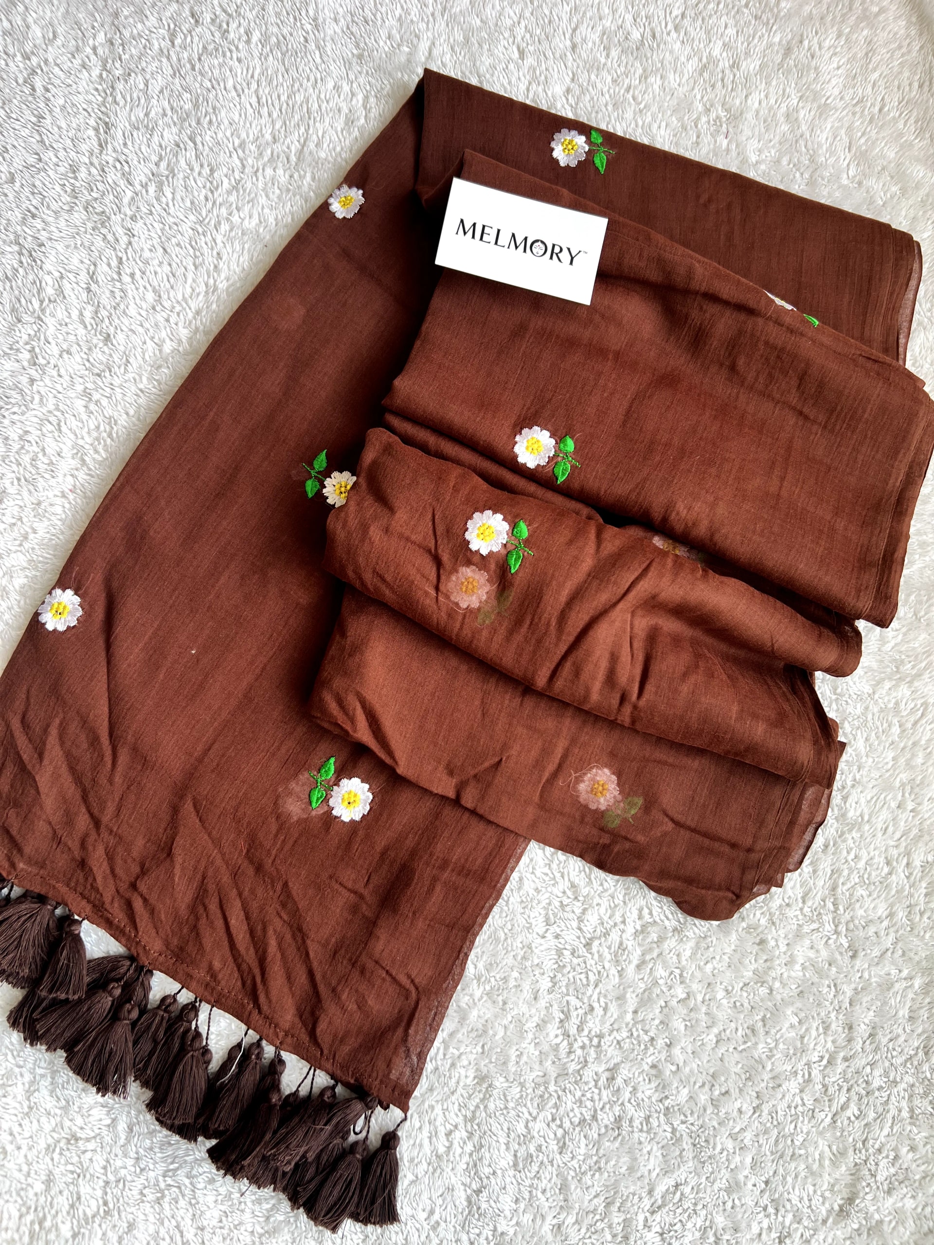 Floral Embroidery Mul Saree - Deep Brown