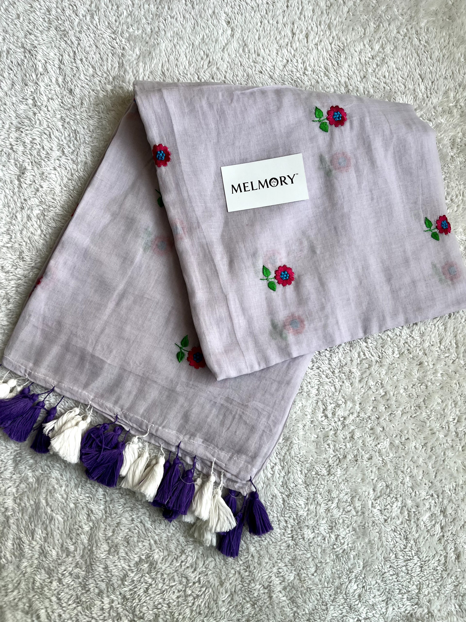 Floral Embroidery Mul Saree - Light Lavender